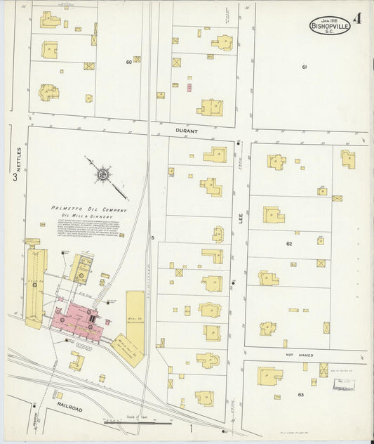 Sanborn Fire Insurance Map from Bishopville, Lee County, South Carolina (1916), Sheet #0004 - Historic Sanborn Fire Insurance Map Print, vintage old map wall art, antique decor, genealogy gift, South Carolina South Carolina map