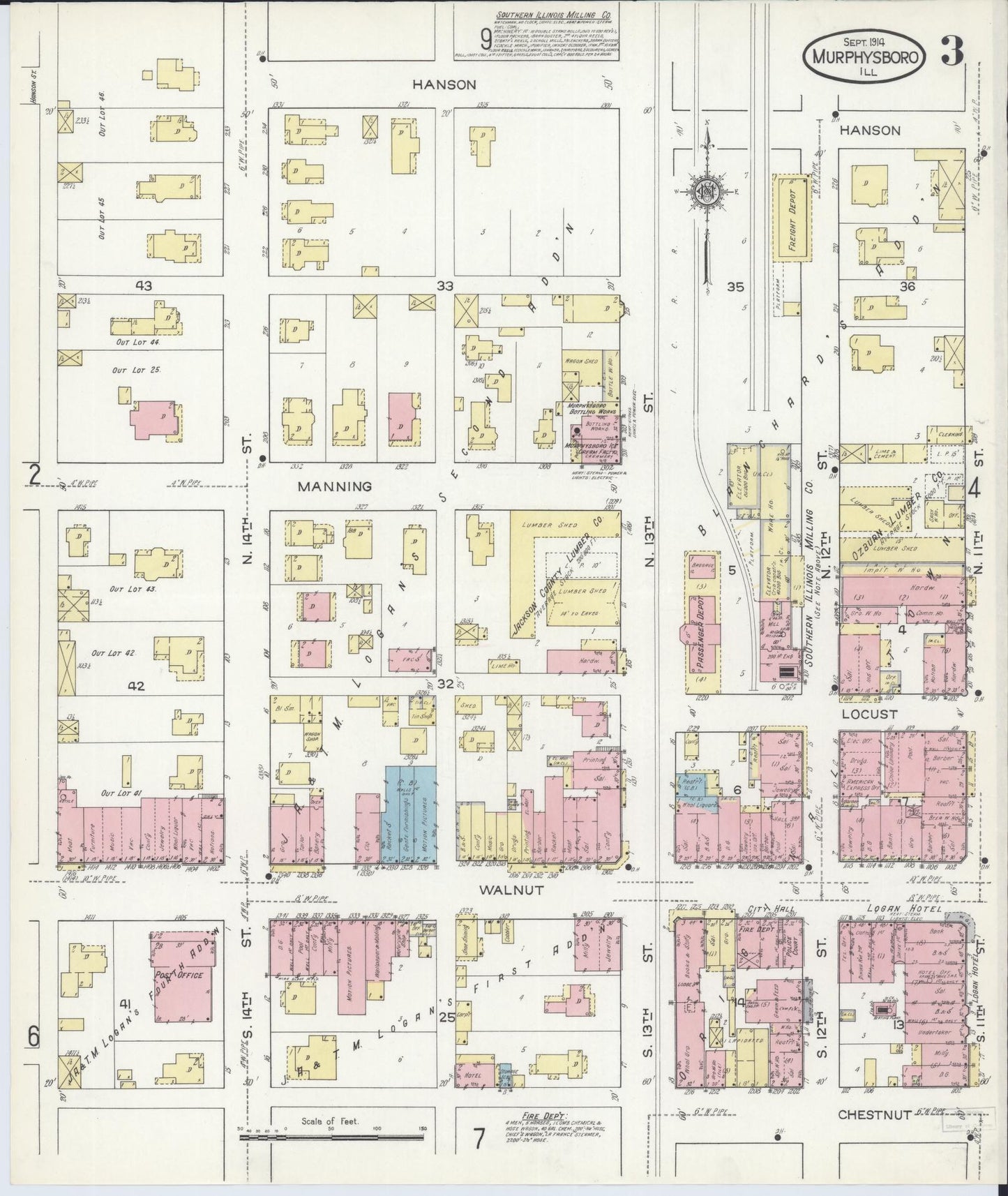 Sanborn Fire Insurance Map from Murphysboro, Jackson County, Illinois (1914), Sheet #0003 - Historic Sanborn Fire Insurance Map Print, vintage old map wall art, antique decor, genealogy gift, Illinois Illinois map