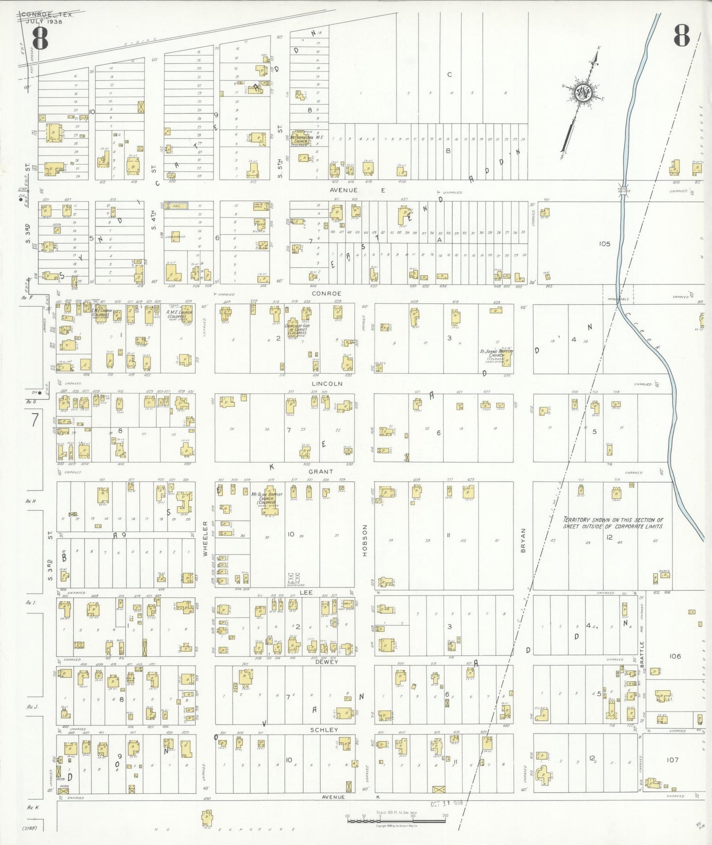 Sanborn Fire Insurance Map from Conroe, Montgomery County, Texas (1938), Sheet #0008 - Complete Map Set gallery image, historic Sanborn map, vintage wall art, Texas Texas