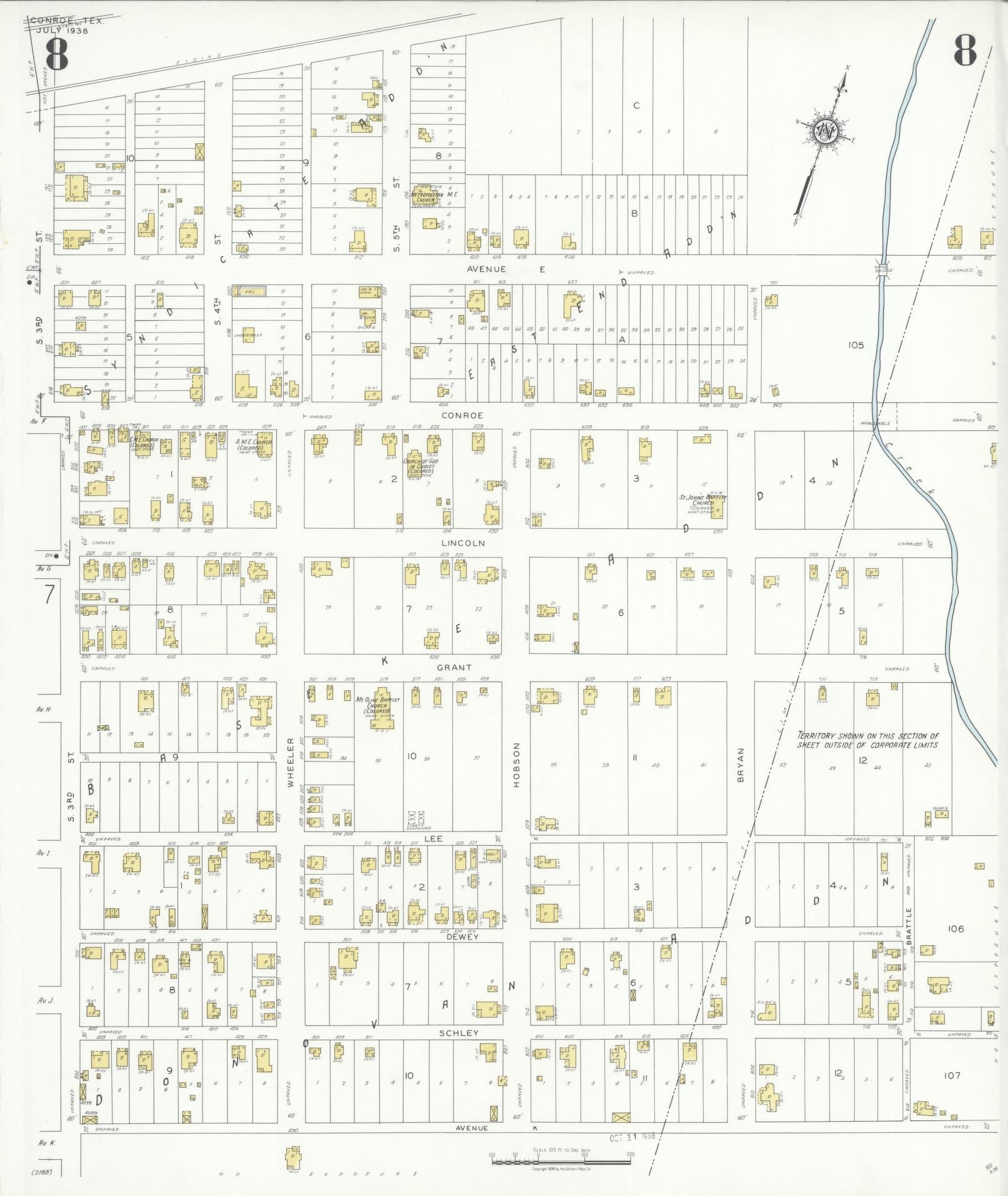 Sanborn Fire Insurance Map from Conroe, Montgomery County, Texas (1938), Sheet #0008 - Complete Map Set gallery image, historic Sanborn map, vintage wall art, Texas Texas