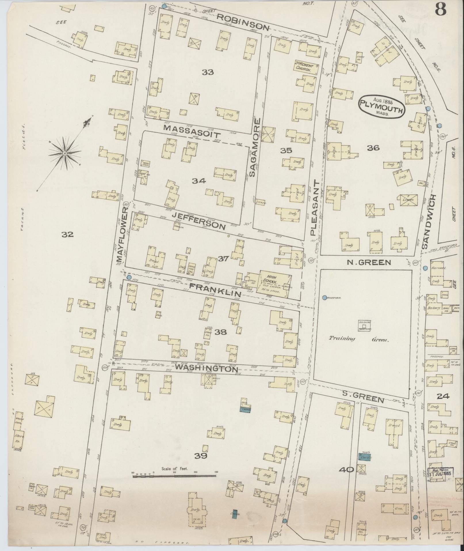 Sanborn Fire Insurance Map from Plymouth, Plymouth County, Massachusetts (1885), Sheet #0008 - Complete Map Set gallery image, historic Sanborn map, vintage wall art, Massachusetts Massachusetts
