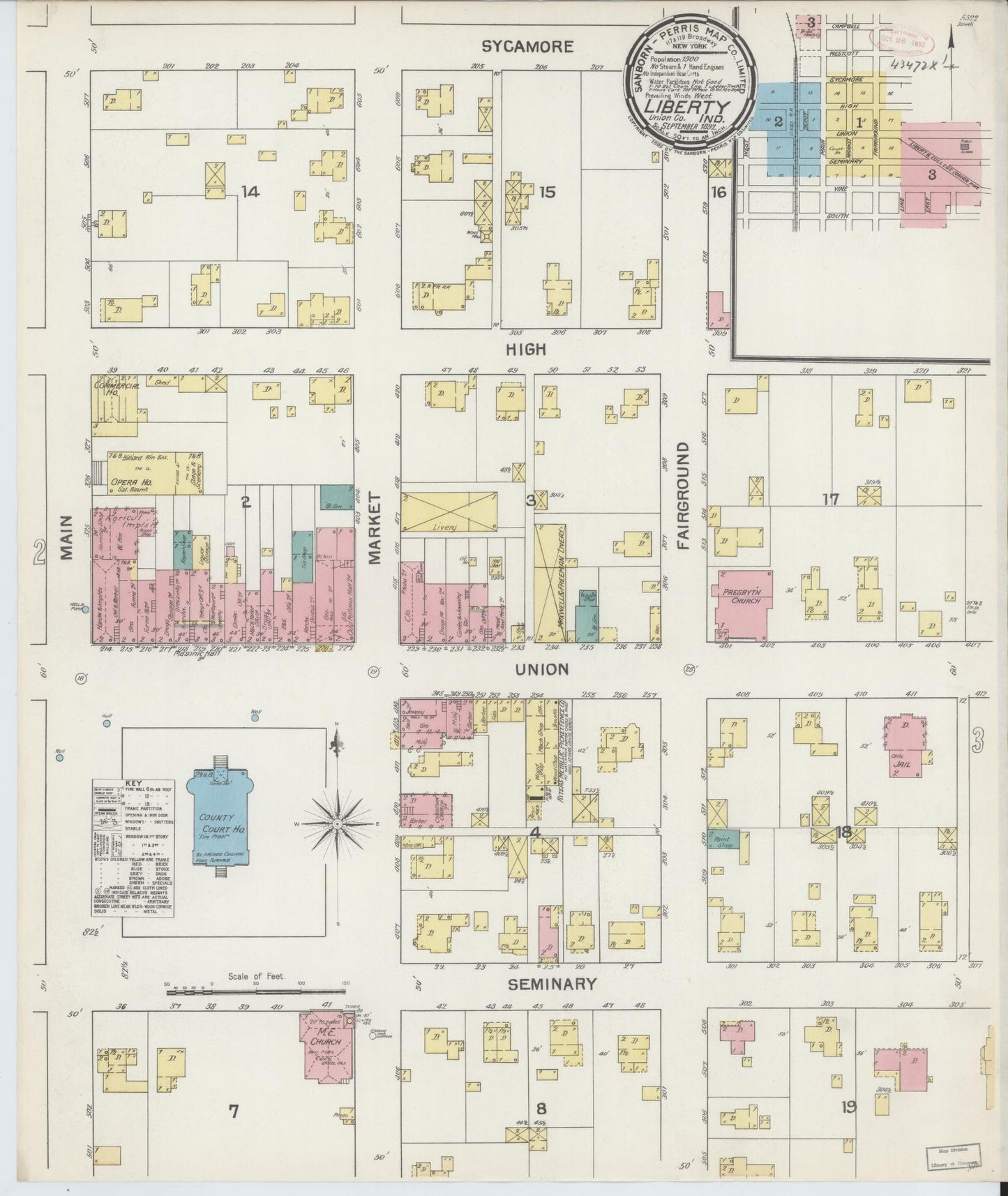 Sanborn Fire Insurance Map from Liberty, Union County, Indiana (1892), Sheet #0001 - Complete Map Set gallery image, historic Sanborn map, vintage wall art, Indiana Indiana