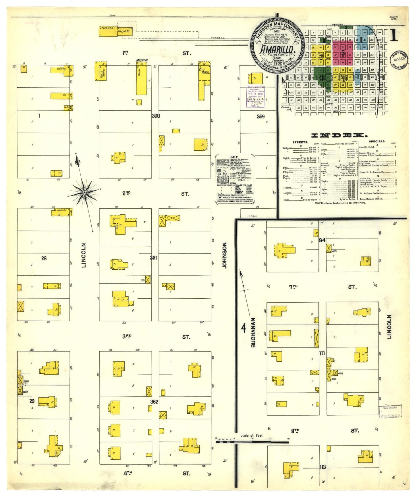 Sanborn Fire Insurance Map from Amarillo, Potter County, Texas (1902), Sheet #0001 - Historic Sanborn Fire Insurance Map Print, vintage old map wall art, antique decor, genealogy gift, Texas Texas map