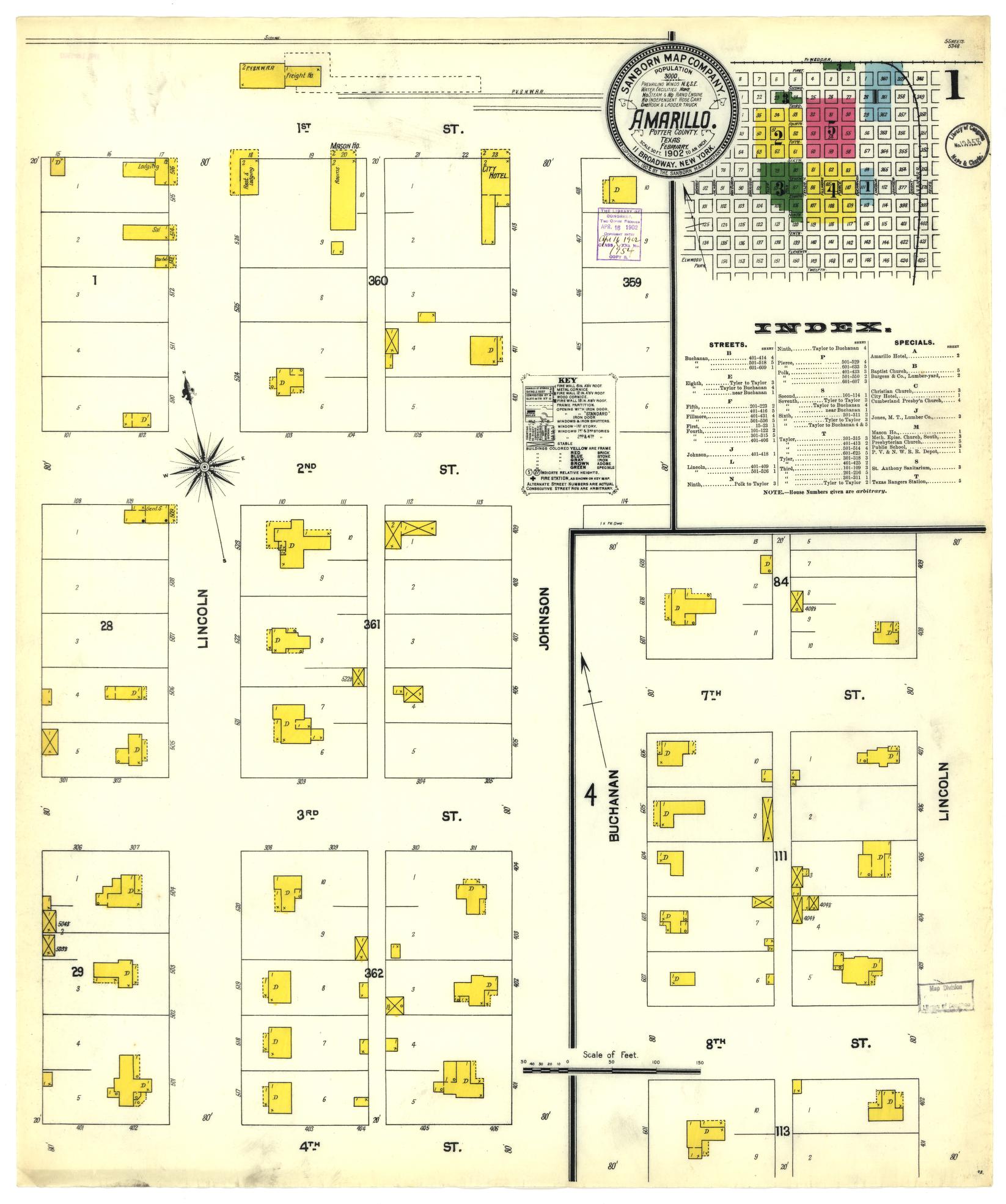 Sanborn Fire Insurance Map from Amarillo, Potter County, Texas (1902), Sheet #0001 - Historic Sanborn Fire Insurance Map Print, vintage old map wall art, antique decor, genealogy gift, Texas Texas map