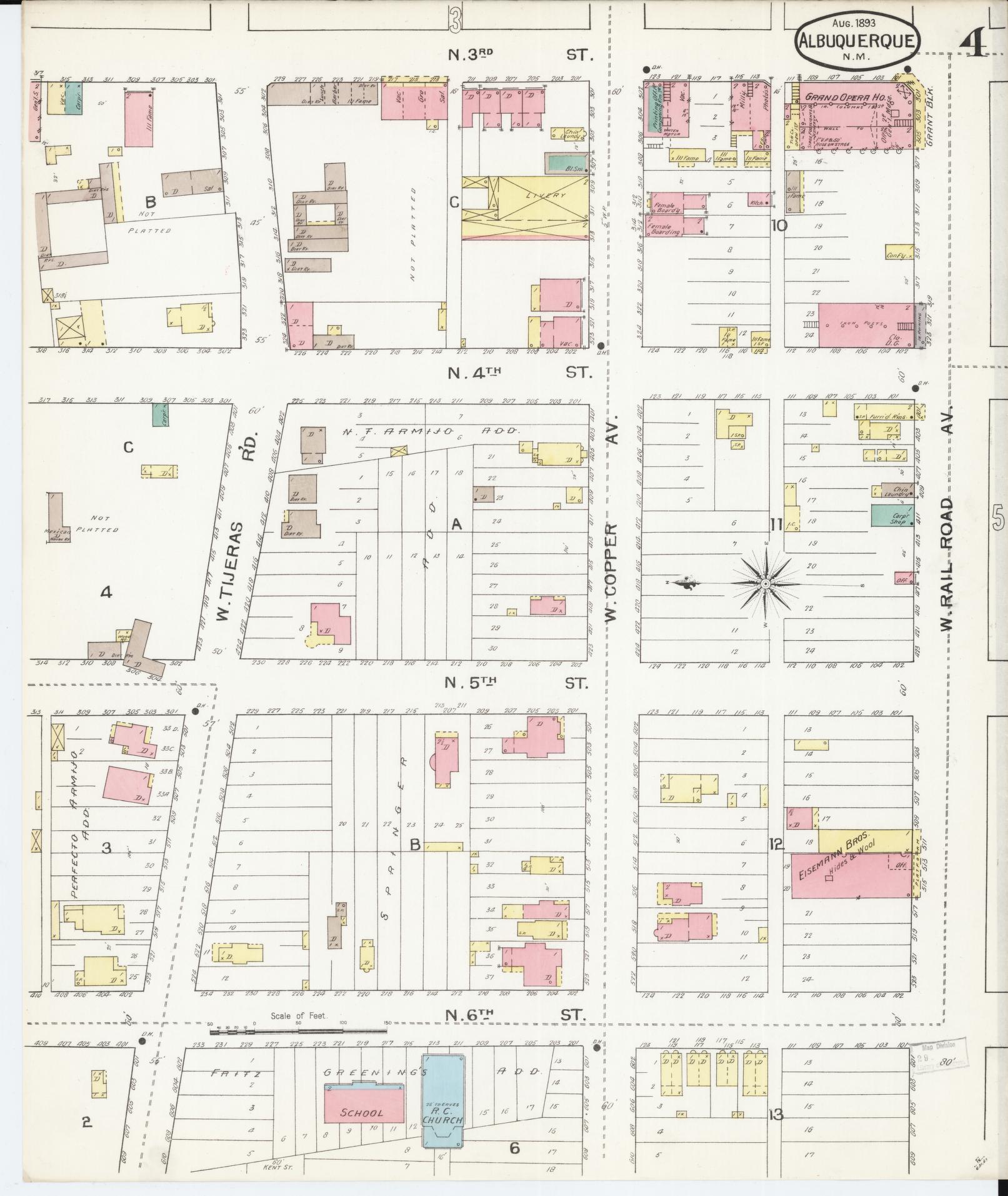 Sanborn Fire Insurance Map from Albuquerque, Bernalillo County, New Mexico (1893), Sheet #0004 - Historic Sanborn Fire Insurance Map Print, vintage old map wall art, antique decor, genealogy gift, New Mexico New Mexico map