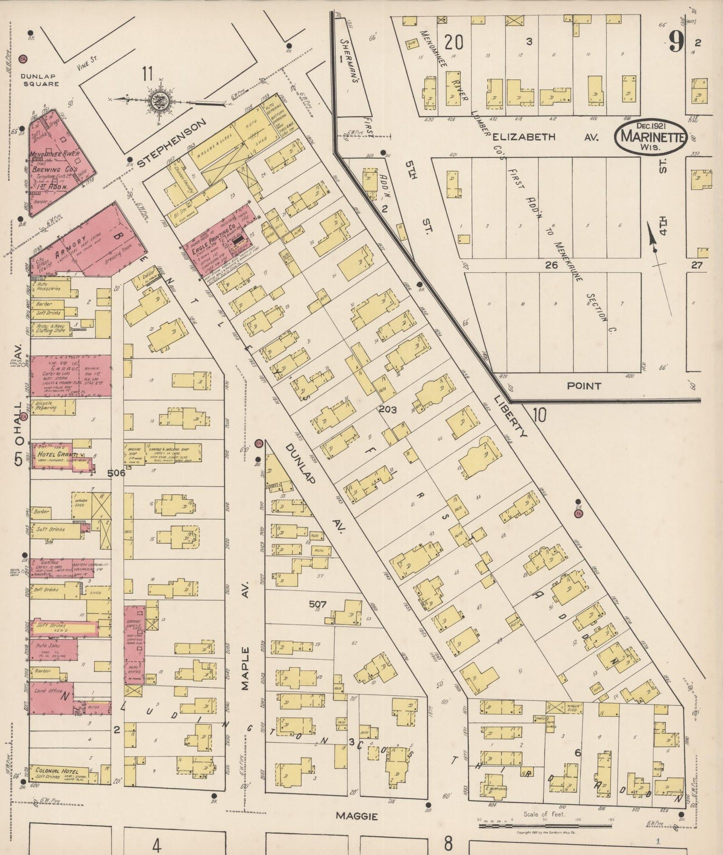Sanborn Fire Insurance Map from Marinette, Marinette County, Wisconsin (1921), Sheet #0009 - Historic Sanborn Fire Insurance Map Print, vintage old map wall art, antique decor, genealogy gift, Wisconsin Wisconsin map