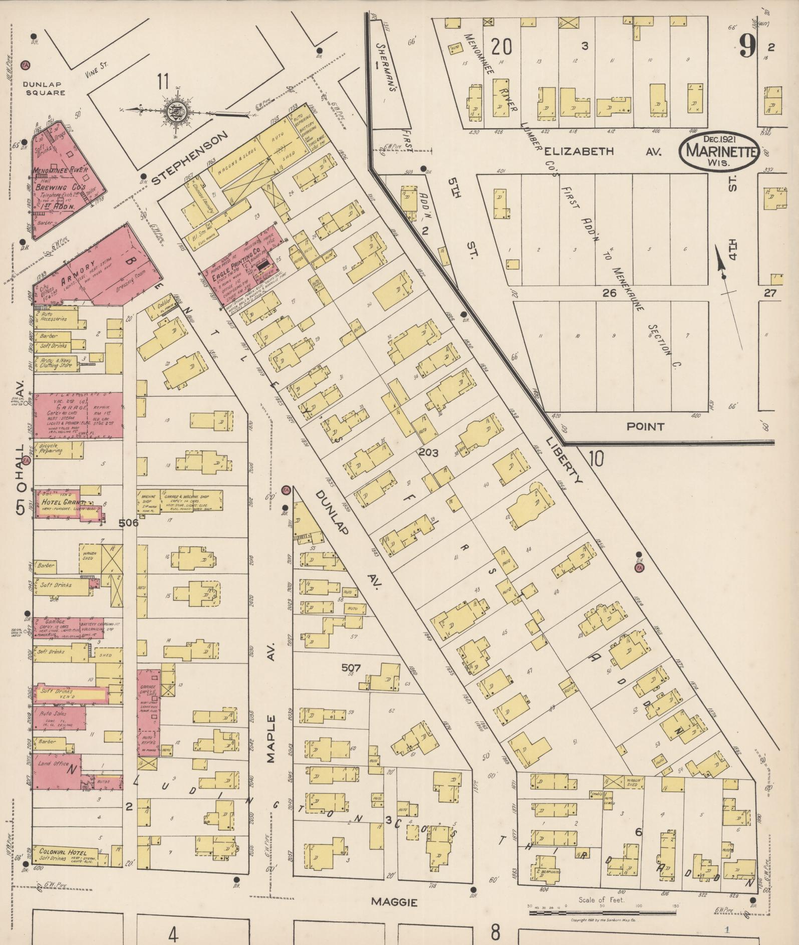 Sanborn Fire Insurance Map from Marinette, Marinette County, Wisconsin (1921), Sheet #0009 - Historic Sanborn Fire Insurance Map Print, vintage old map wall art, antique decor, genealogy gift, Wisconsin Wisconsin map
