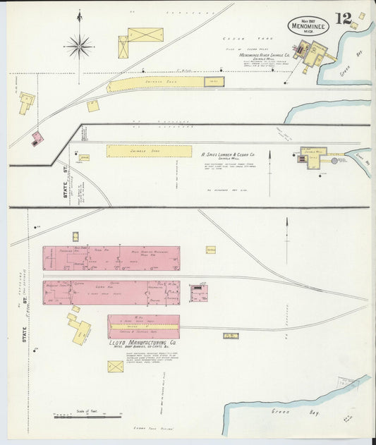Sanborn Fire Insurance Map from Menominee, Menominee County, Michigan (1907), Sheet #0012 - Historic Sanborn Fire Insurance Map Print, vintage old map wall art, antique decor, genealogy gift, Michigan Michigan map