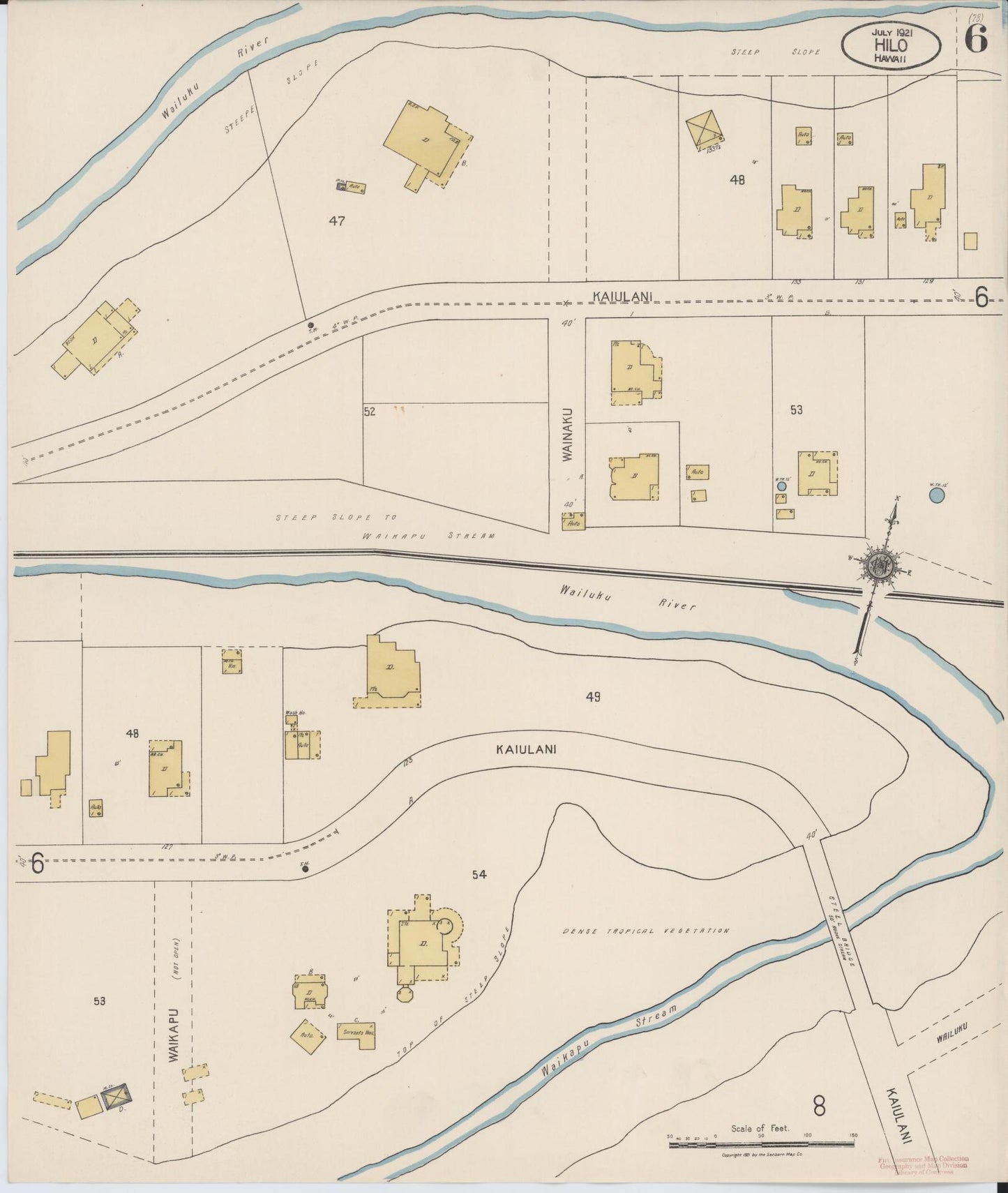 Sanborn Fire Insurance Map from Hilo, Hawaii County, Hawaii (1921), Sheet #0006 - Historic Sanborn Fire Insurance Map Print, vintage old map wall art