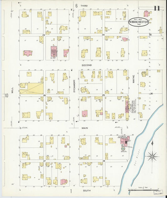 Sanborn Fire Insurance Map from North Manchester, Wabash County, Indiana (1907), Sheet #0011 - Historic Sanborn Fire Insurance Map Print, vintage old map wall art, antique decor, genealogy gift, Indiana Indiana map