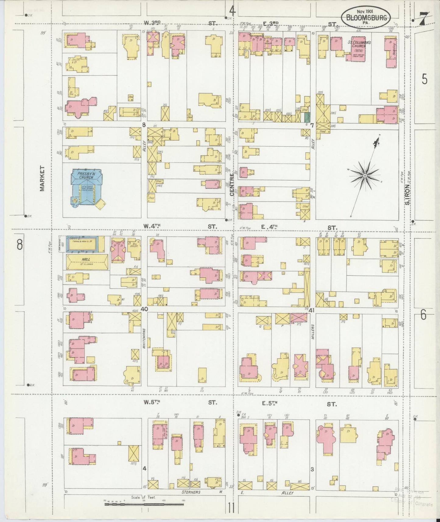 Sanborn Fire Insurance Map from Bloomsburg, Columbia County, Pennsylvania (1901), Sheet #0007 - Historic Sanborn Fire Insurance Map Print, vintage old map wall art, antique decor, genealogy gift, Pennsylvania Pennsylvania map