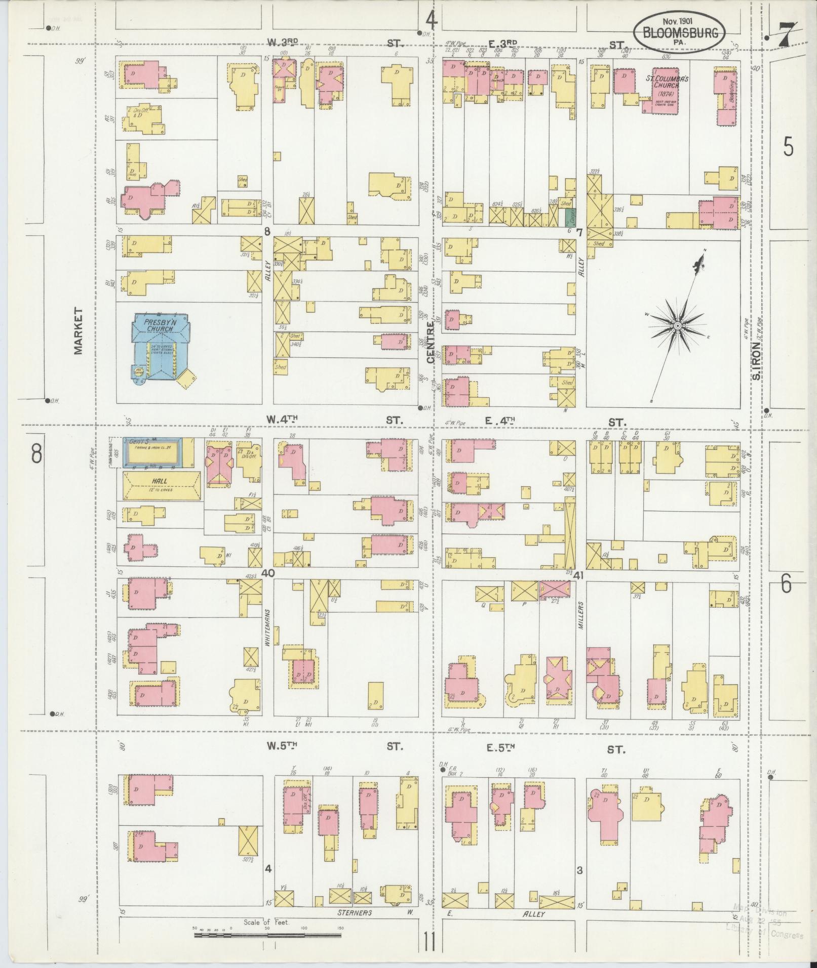 Sanborn Fire Insurance Map from Bloomsburg, Columbia County, Pennsylvania (1901), Sheet #0007 - Historic Sanborn Fire Insurance Map Print, vintage old map wall art, antique decor, genealogy gift, Pennsylvania Pennsylvania map