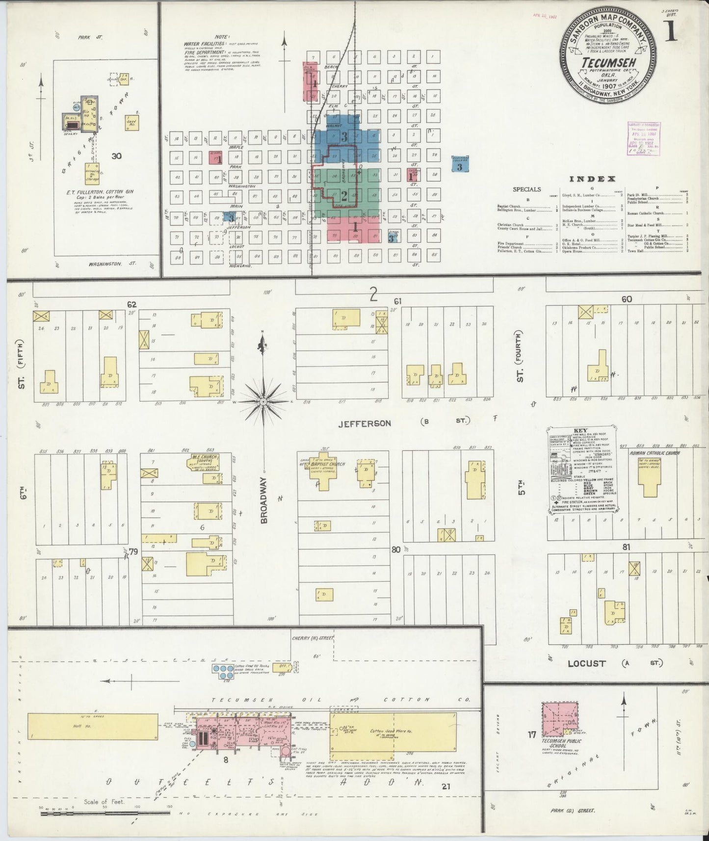 Sanborn Fire Insurance Map from Tecumseh, Pottawatomie County, Oklahoma (1907), Sheet #0001 - Historic Sanborn Fire Insurance Map Print, vintage old map wall art, antique decor, genealogy gift, Oklahoma Oklahoma map