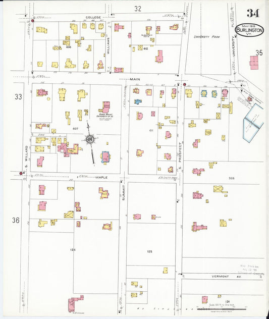 Sanborn Fire Insurance Map from Burlington, Chittenden County, Vermont (1919), Sheet #0034 - Historic Sanborn Fire Insurance Map Print, vintage old map wall art, antique decor, genealogy gift, Vermont Vermont map