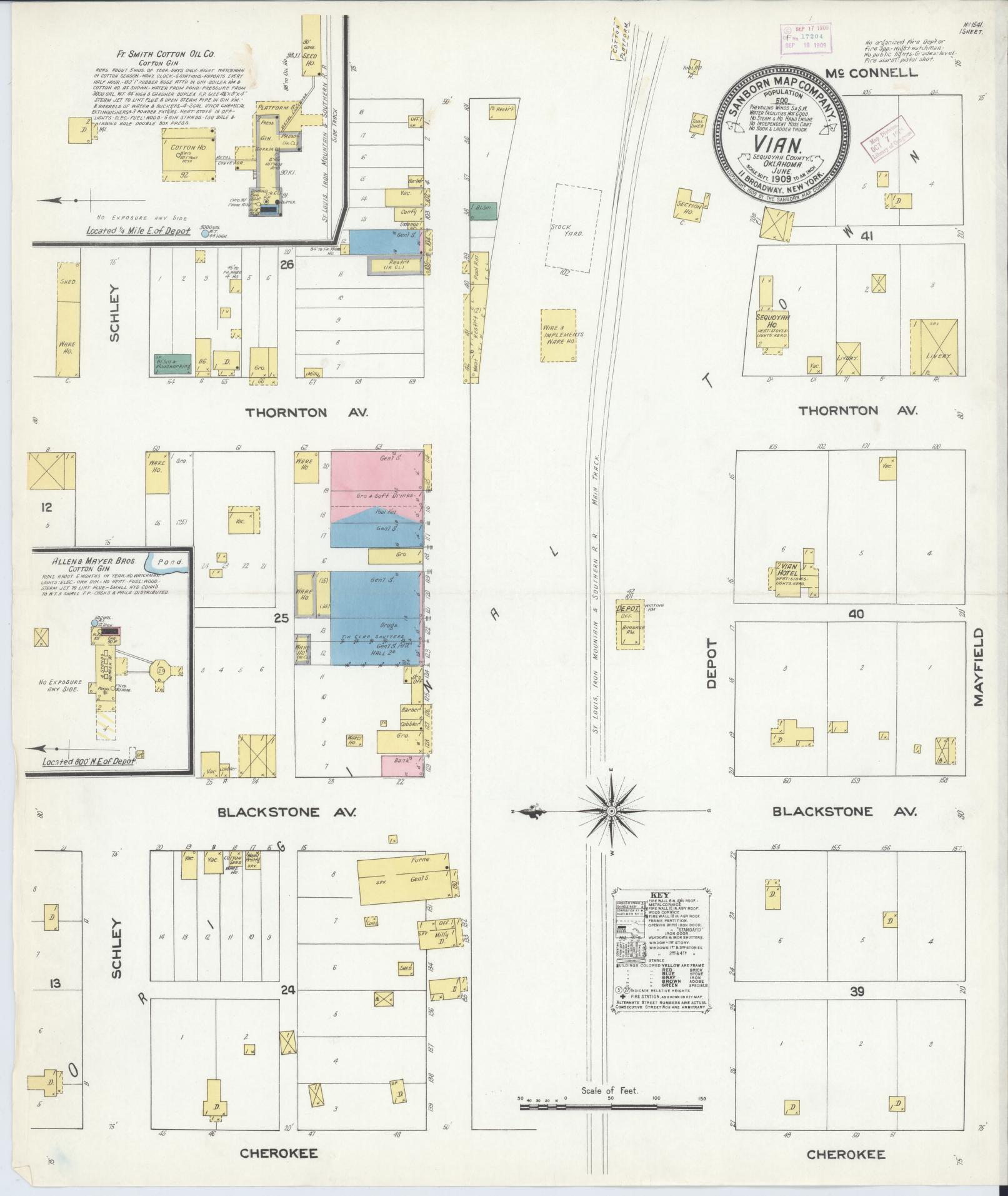 Sanborn Fire Insurance Map from Vian, Sequoyah County, Oklahoma (1909), Sheet #0001 - Historic Sanborn Fire Insurance Map Print, vintage old map wall art, antique decor, genealogy gift, Oklahoma Oklahoma map