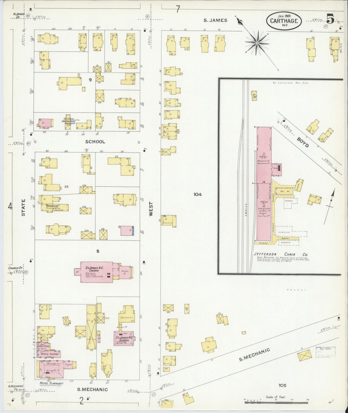 Sanborn Fire Insurance Map from Carthage, Jefferson County, New York (1908), Sheet #0005 - Historic Sanborn Fire Insurance Map Print, vintage old map wall art, antique decor, genealogy gift, New York New York map