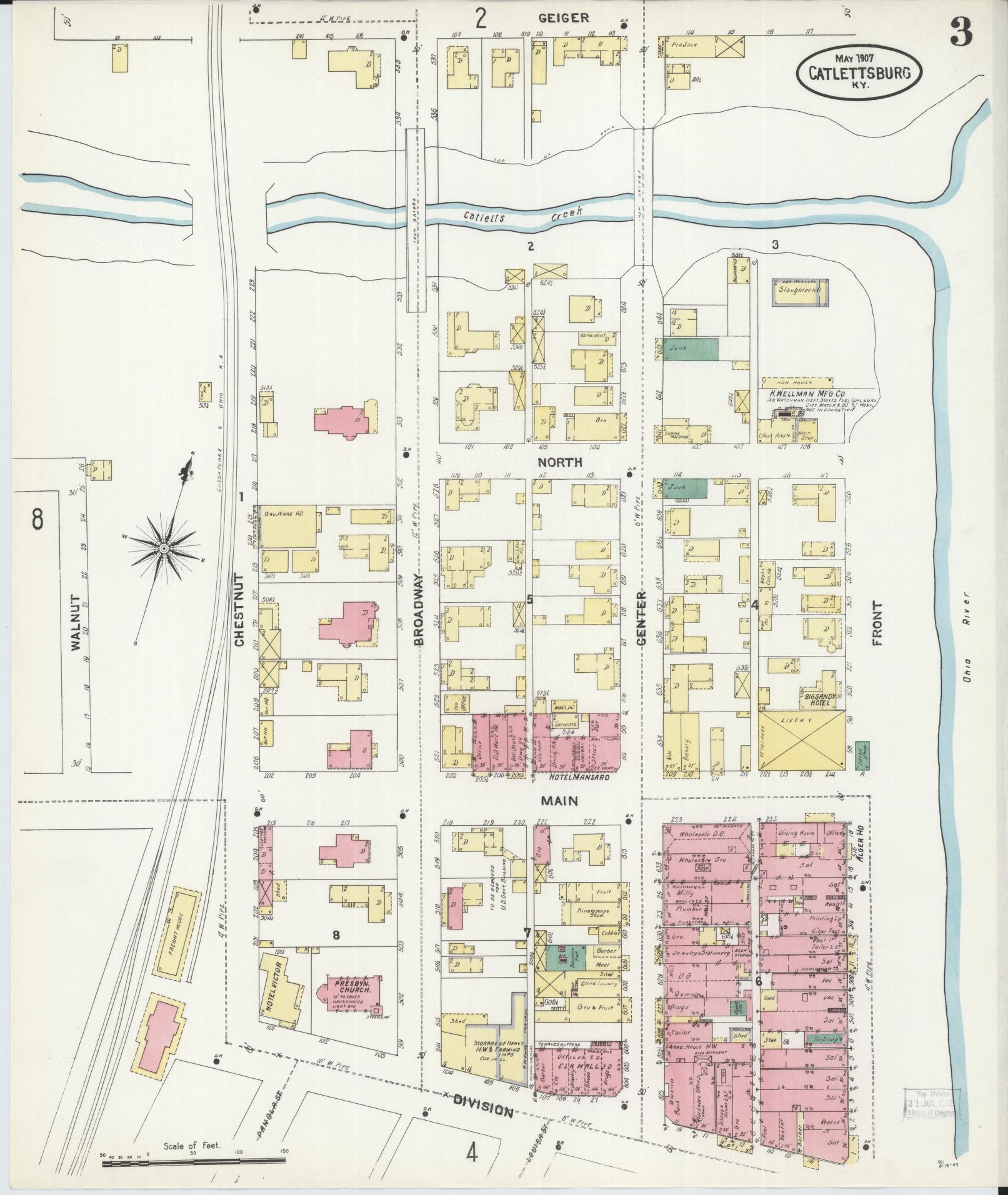 Sanborn Fire Insurance Map from Catlettsburg, Boyd County, Kentucky (1907), Sheet #0003 - Historic Sanborn Fire Insurance Map Print, vintage old map wall art, antique decor, genealogy gift, Kentucky Kentucky map