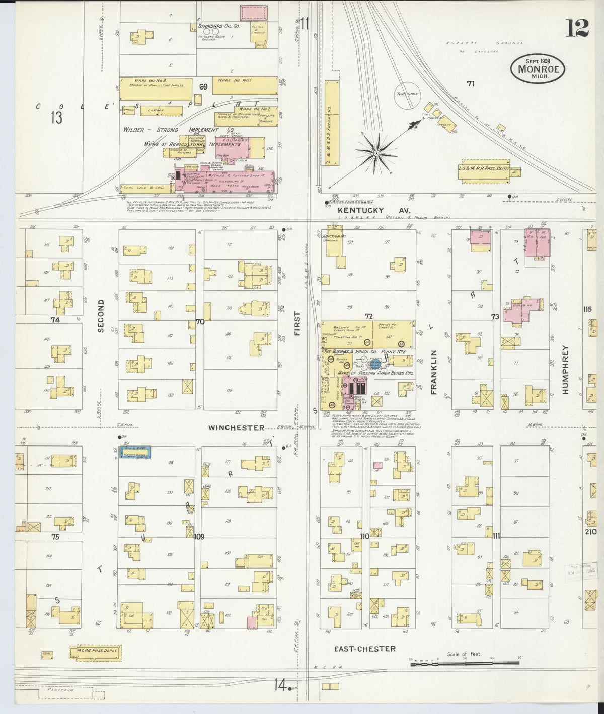 Sanborn Fire Insurance Map from Monroe, Monroe County, Michigan (1908), Sheet #0012 - Historic Sanborn Fire Insurance Map Print, vintage old map wall art, antique decor, genealogy gift, Michigan Michigan map