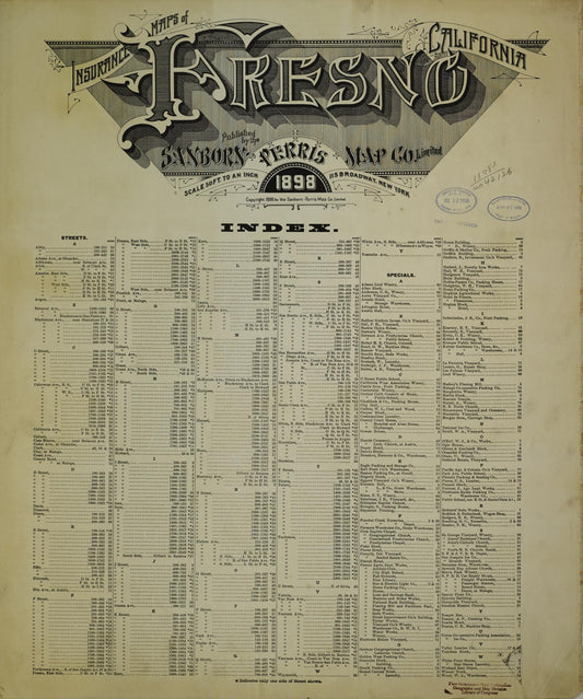 Sanborn Fire Insurance Map from Fresno, Fresno County, California. (1898) – Historic Sanborn Fire Insurance Map Print