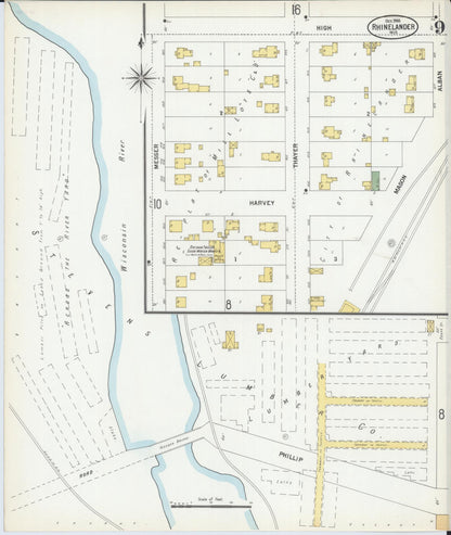 Sanborn Fire Insurance Map from Rhinelander, Oneida County, Wisconsin (1900), Sheet #0009 - Historic Sanborn Fire Insurance Map Print, vintage old map wall art, antique decor, genealogy gift, Wisconsin Wisconsin map