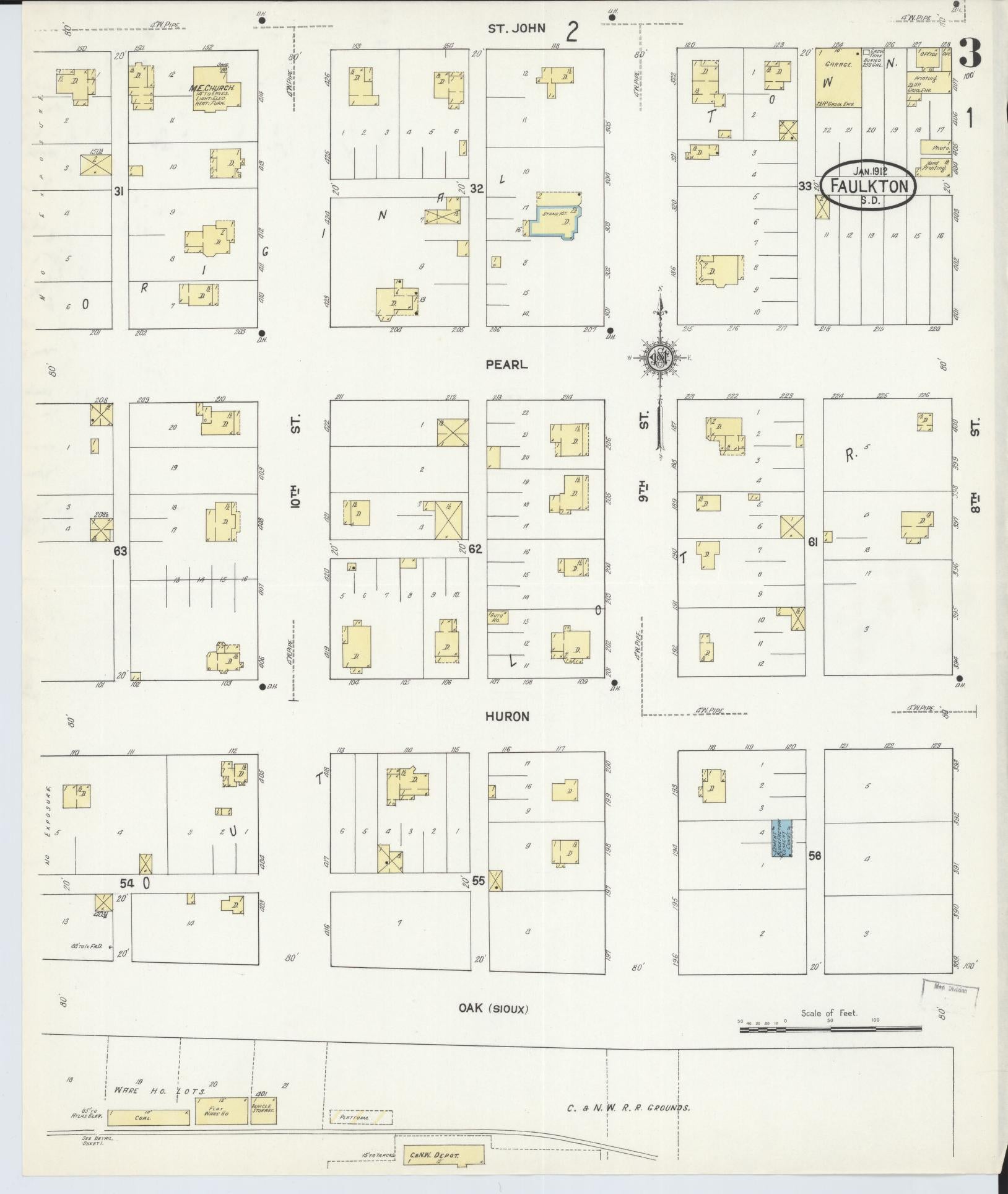 Sanborn Fire Insurance Map from Faulkton, Faulk County, South Dakota (1912), Sheet #0003 - Historic Sanborn Fire Insurance Map Print, vintage old map wall art, antique decor, genealogy gift, South Dakota South Dakota map