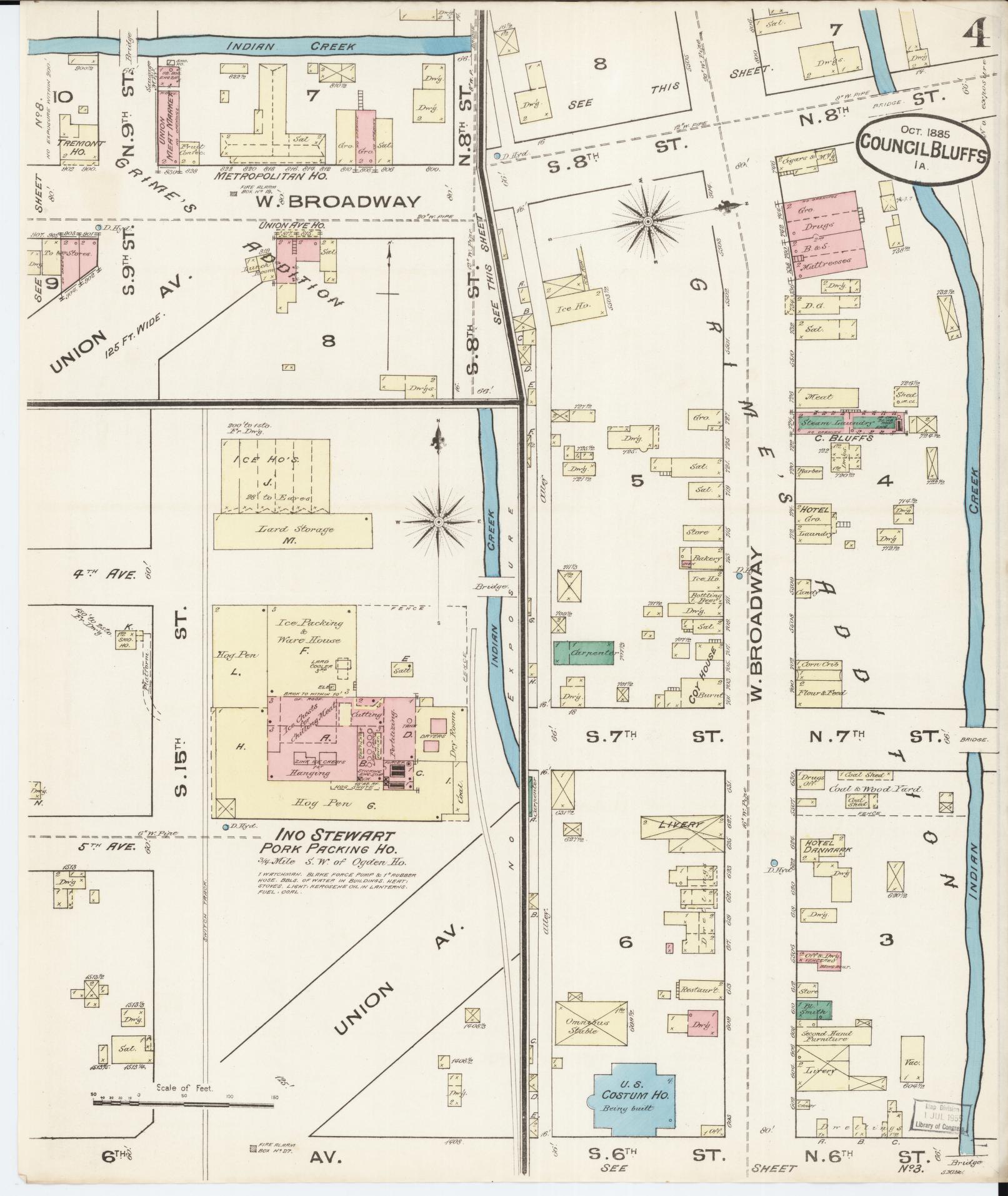 Sanborn Fire Insurance Map from Council Bluffs, Pottawattamie County, Iowa (1885), Sheet #0004 - Historic Sanborn Fire Insurance Map Print, vintage old map wall art
