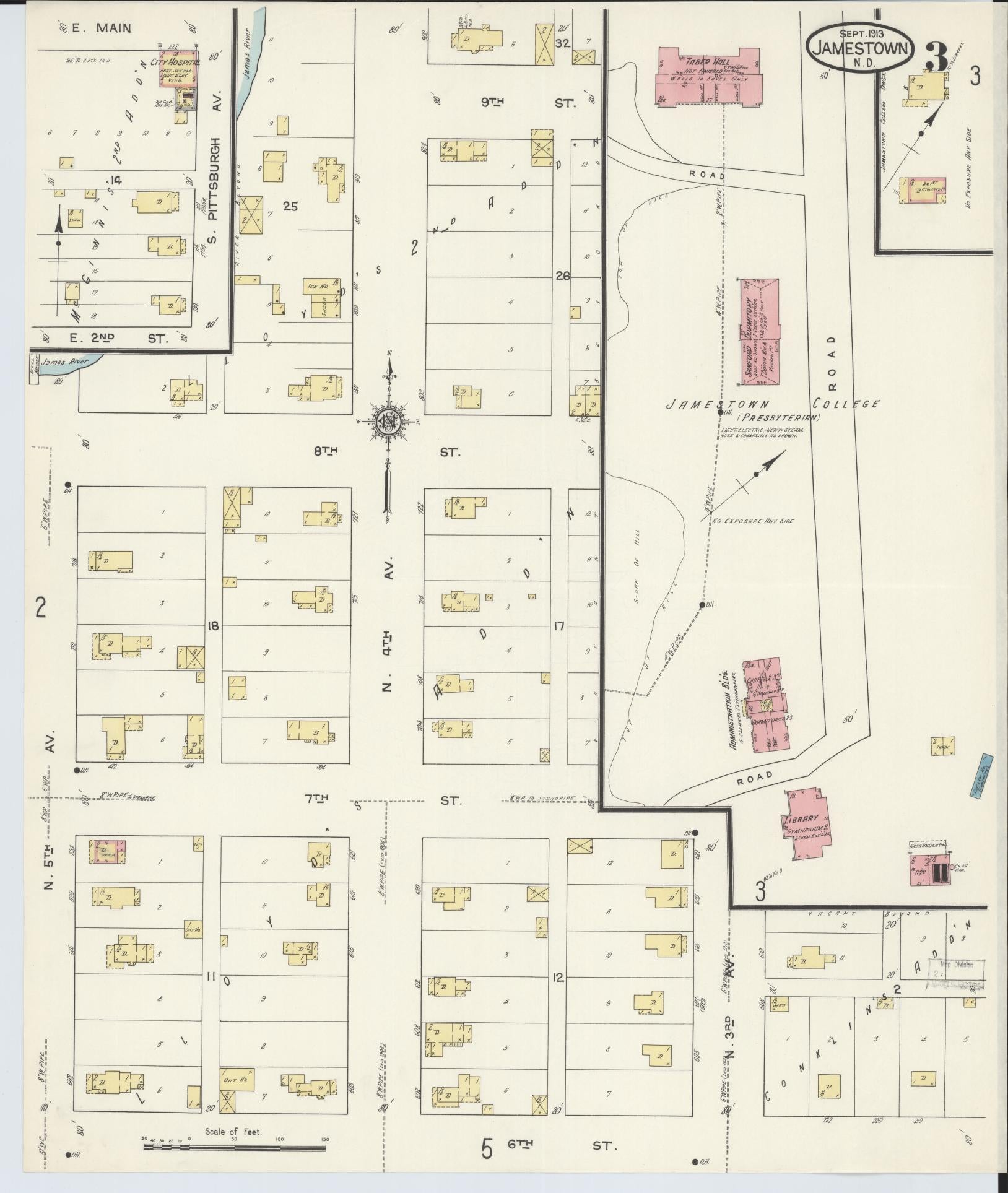 Sanborn Fire Insurance Map from Jamestown, Stutsman County, North Dakota (1913), Sheet #0003 - Complete Map Set gallery image, historic Sanborn map, vintage wall art, North Dakota North Dakota