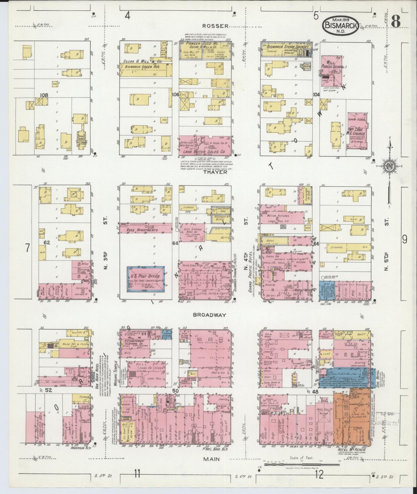 Sanborn Fire Insurance Map from Bismarck, Burleigh County, North Dakota (1919), Sheet #0008 - Complete Map Set gallery image, historic Sanborn map, vintage wall art, North Dakota North Dakota