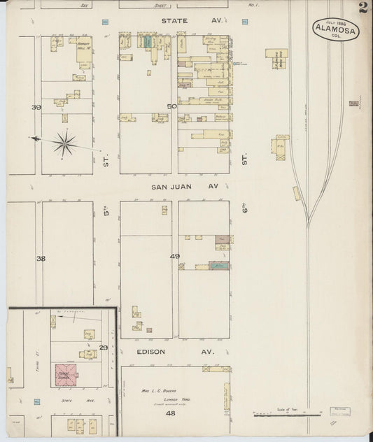 Sanborn Fire Insurance Map from Alamosa, Alamosa County, Colorado (1886), Sheet #0002 - Historic Sanborn Fire Insurance Map Print, vintage old map wall art, antique decor, genealogy gift, Colorado Colorado map