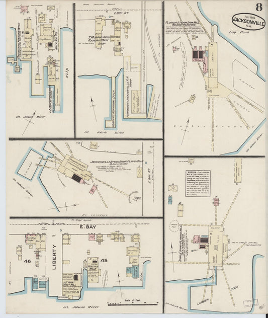 Sanborn Fire Insurance Map from Jacksonville, Duval County, Florida (1884), Sheet #0008 - Historic Sanborn Fire Insurance Map Print, vintage old map wall art, antique decor, genealogy gift, Florida Florida map