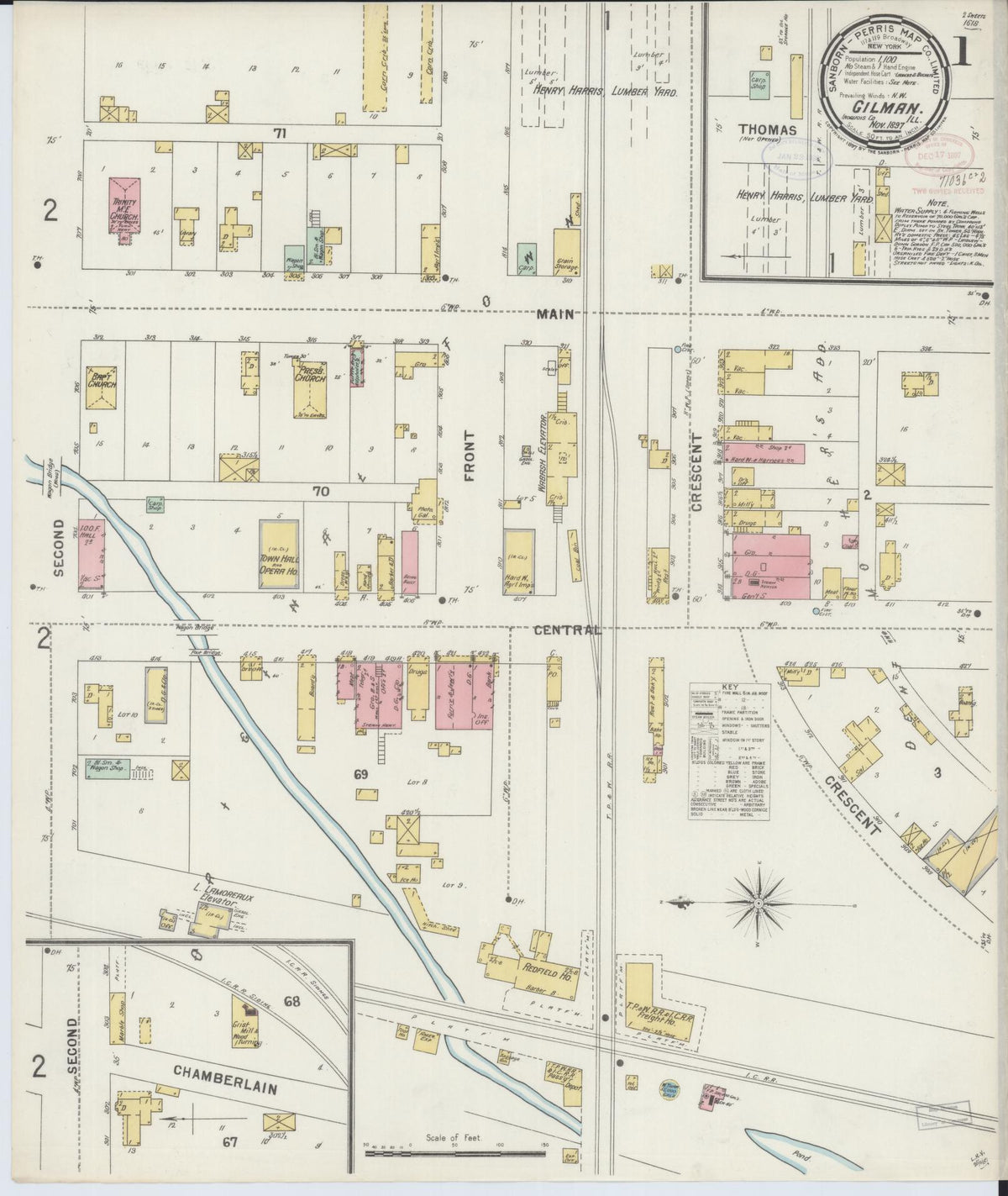 Sanborn Fire Insurance Map from Gilman, Iroquois County, Illinois (1897), Sheet #0001 - Complete Map Set gallery image, historic Sanborn map, vintage wall art, Illinois Illinois