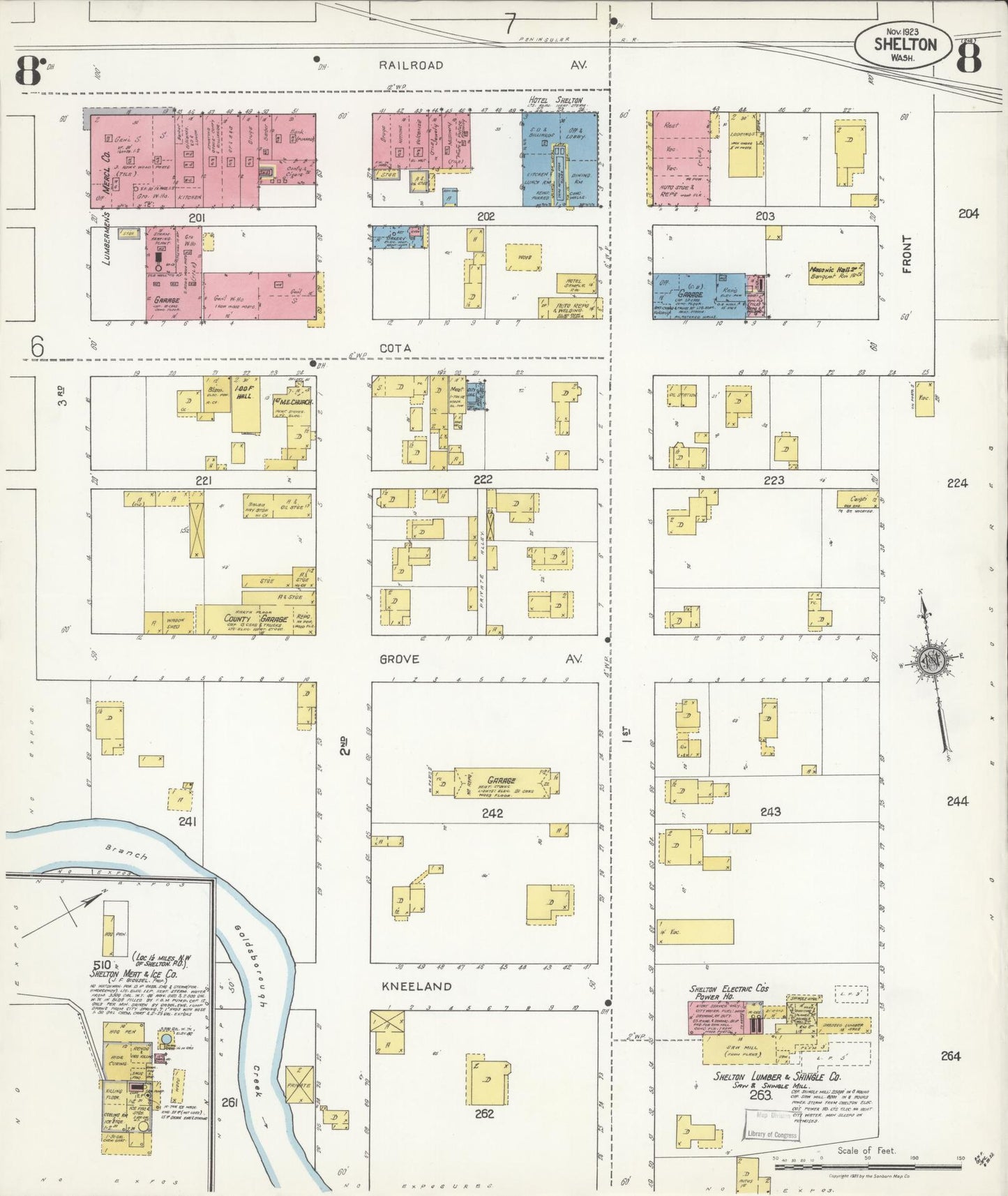 Sanborn Fire Insurance Map from Shelton, Mason County, Washington (1923), Sheet #0008 - Complete Map Set gallery image, historic Sanborn map, vintage wall art, Washington Washington