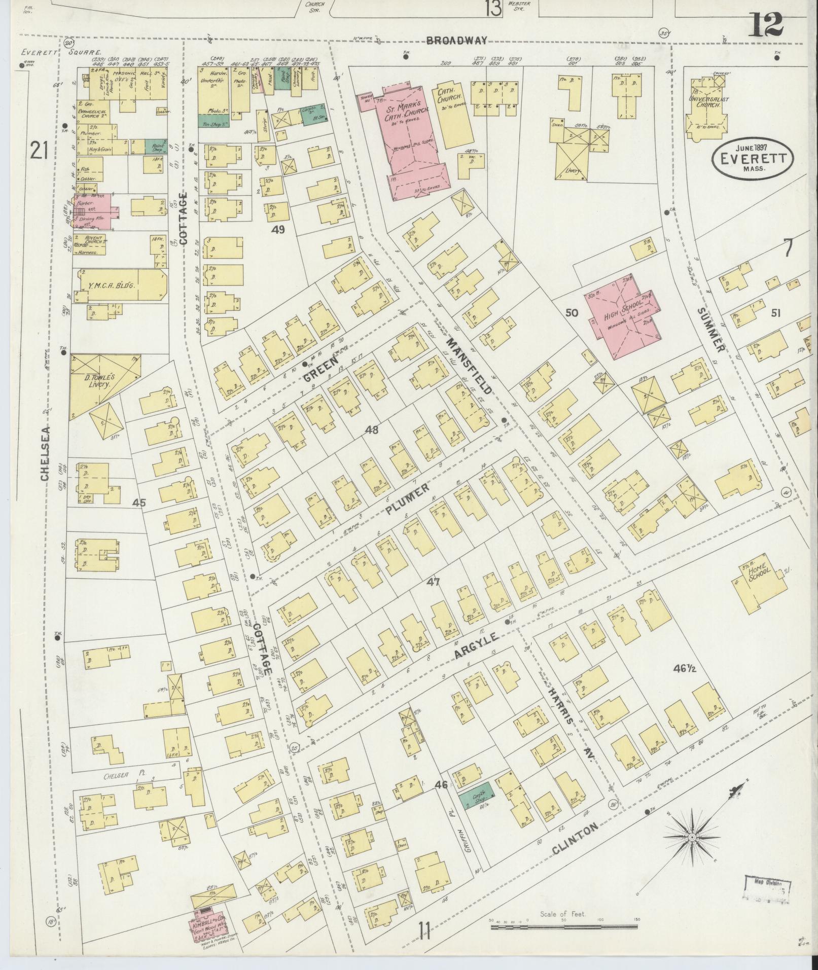 Sanborn Fire Insurance Map from Everett, Middlesex County, Massachusetts (1897), Sheet #0012 - Complete Map Set gallery image, historic Sanborn map, vintage wall art, Massachusetts Massachusetts