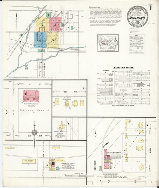 Sanborn Fire Insurance Map from Manning, Carroll County, Iowa (1913), Sheet #0001 - Historic Sanborn Fire Insurance Map Print, vintage old map wall art