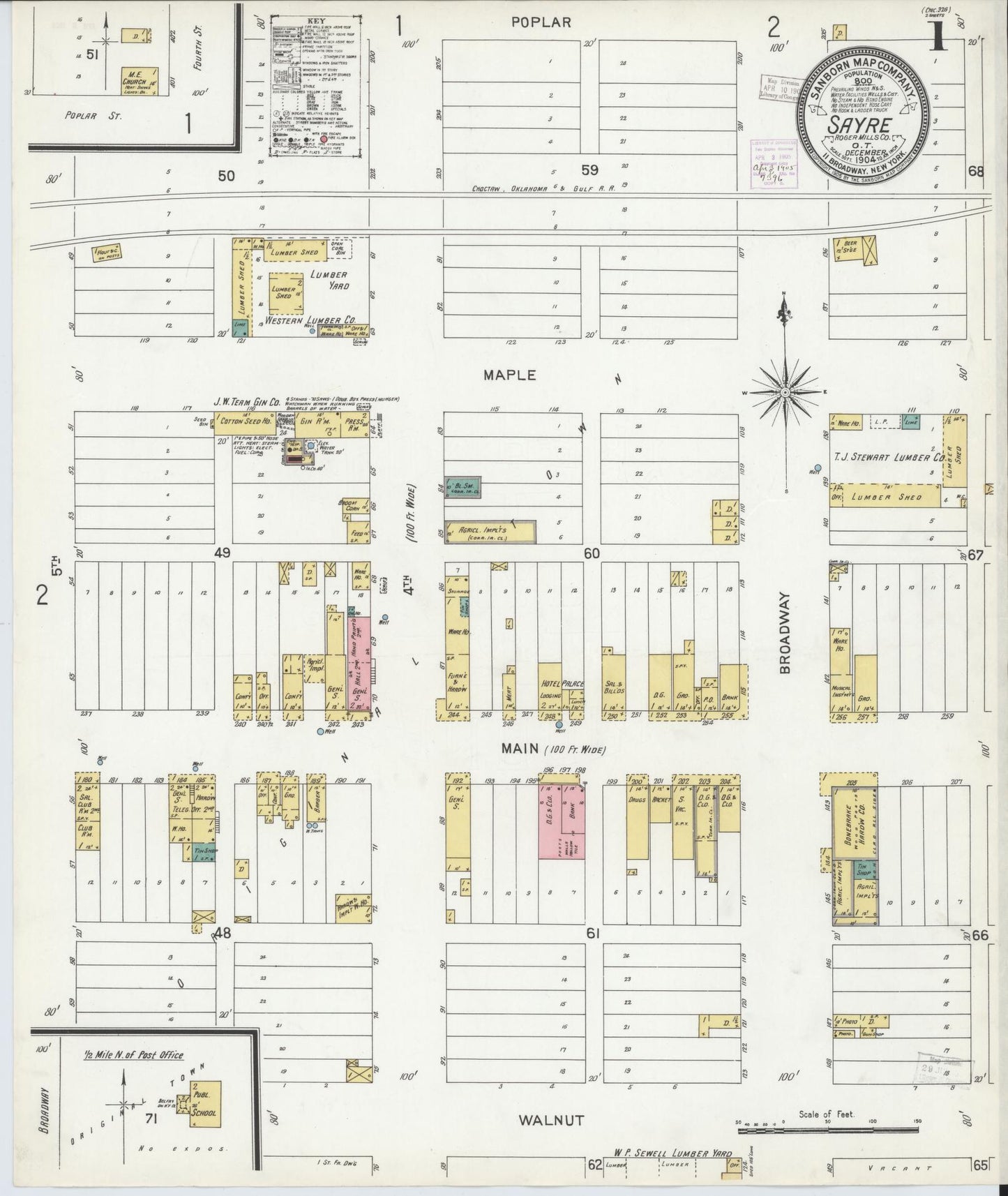 Sanborn Fire Insurance Map from Sayre, Beckham County, Oklahoma (1904), Sheet #0001 - Historic Sanborn Fire Insurance Map Print, vintage old map wall art, antique decor, genealogy gift, Oklahoma Oklahoma map