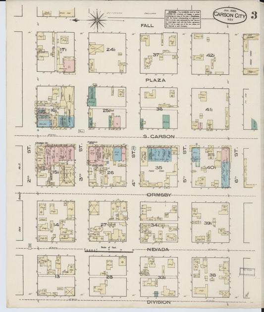 Sanborn Fire Insurance Map from Carson City, Carson City County, Nevada (1885), Sheet #0003 - Historic Sanborn Fire Insurance Map Print, vintage old map wall art, antique decor, genealogy gift, Nevada Nevada map