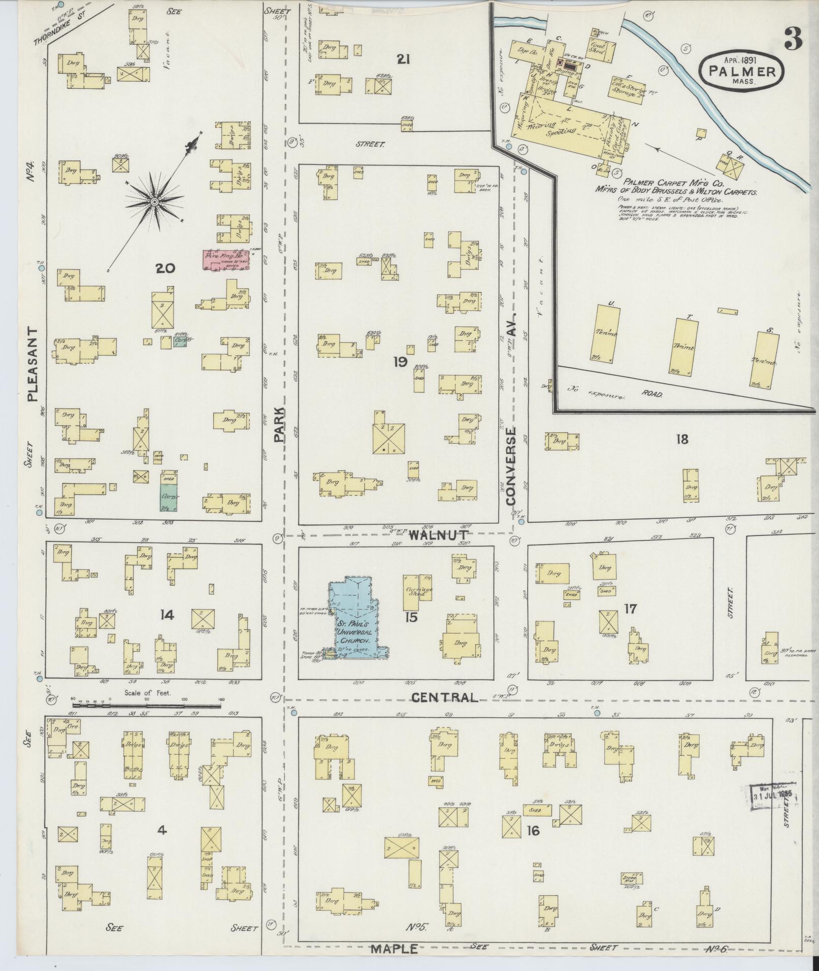 Sanborn Fire Insurance Map from Palmer, Hampden County, Massachusetts (1891), Sheet #0003 - Complete Map Set gallery image, historic Sanborn map, vintage wall art, Massachusetts Massachusetts