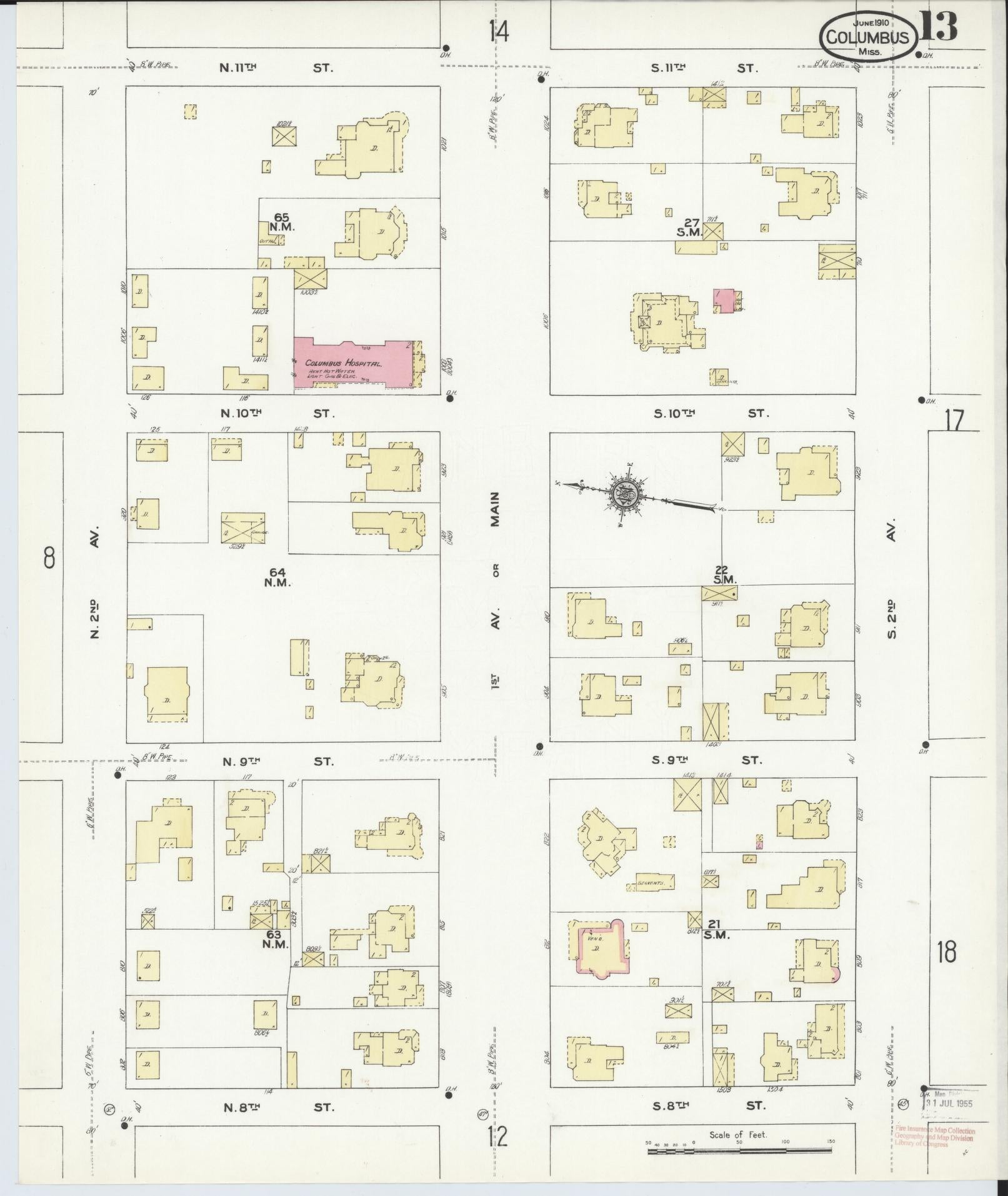 Sanborn Fire Insurance Map from Columbus, Lowndes County, Mississippi (1910), Sheet #0013 - Complete Map Set gallery image, historic Sanborn map, vintage wall art, Mississippi Mississippi