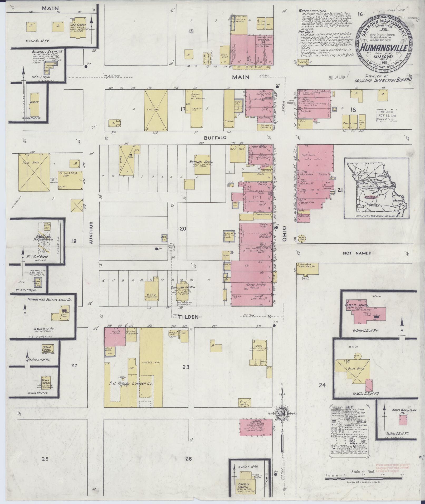Sanborn Fire Insurance Map from Humansville, Polk County, Missouri (1918), Sheet #0001 - Historic Sanborn Fire Insurance Map Print, vintage old map wall art, antique decor, genealogy gift, Missouri Missouri map