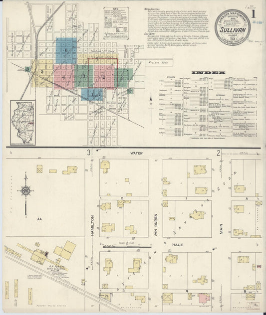 Sanborn Fire Insurance Map from Sullivan, Moultrie County, Illinois (1914), Sheet #0001 - Historic Sanborn Fire Insurance Map Print, vintage old map wall art, antique decor, genealogy gift, Illinois Illinois map
