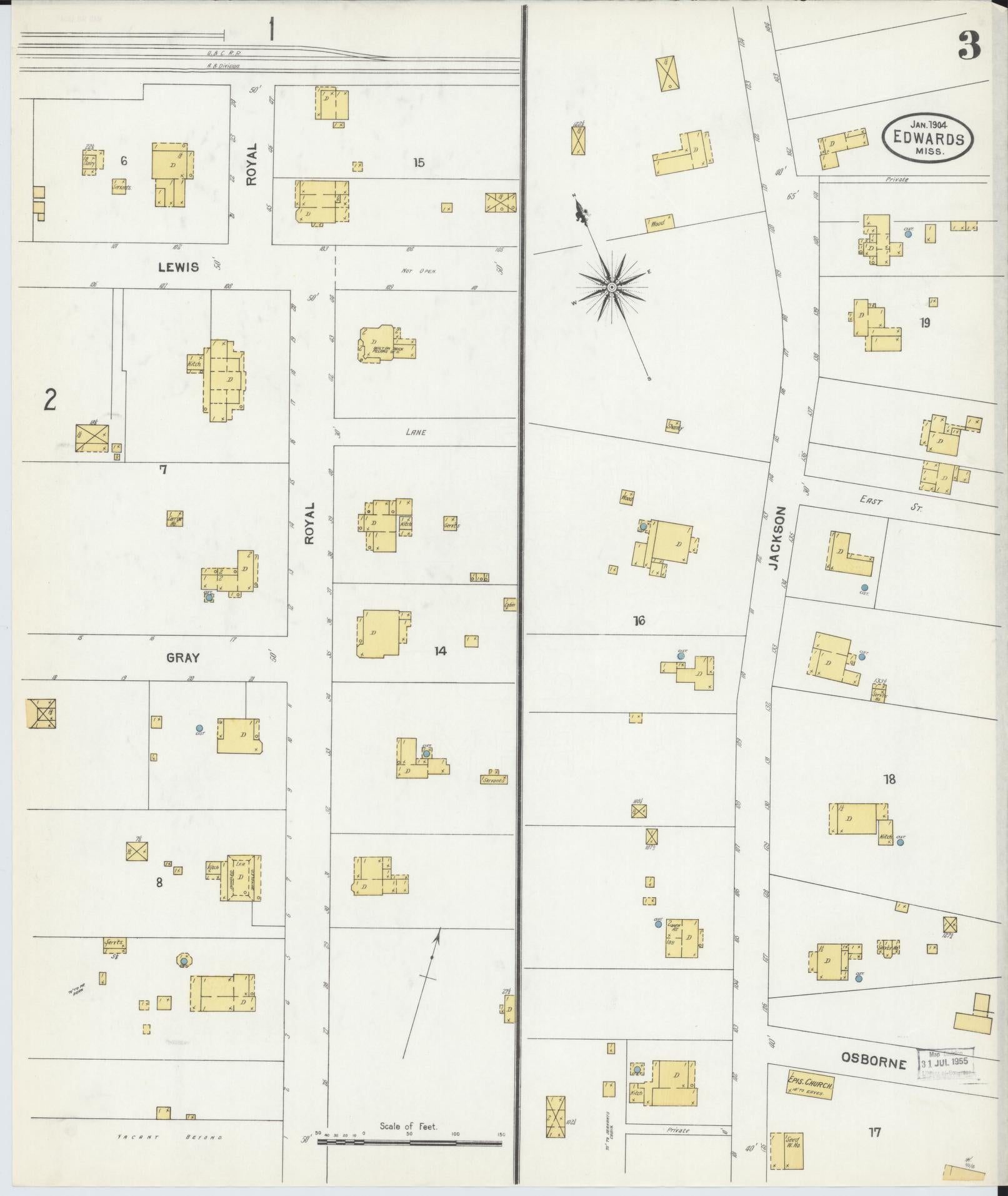 Sanborn Fire Insurance Map from Edwards, Hinds County, Mississippi (1904), Sheet #0003 - Historic Sanborn Fire Insurance Map Print, vintage old map wall art, antique decor, genealogy gift, Mississippi Mississippi map