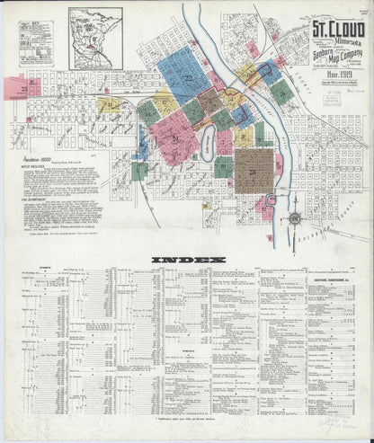 Sanborn Fire Insurance Map from Saint Cloud, Stearns, Benton, and Sherburne Counties, Minnesota (1919), Sheet #0001 - Historic Sanborn Fire Insurance Map Print, vintage old map wall art, antique decor, genealogy gift, Minnesota Minnesota map
