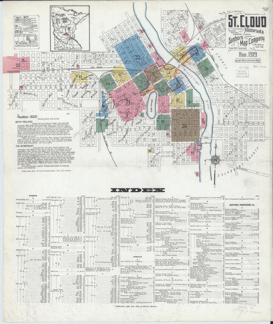 Sanborn Fire Insurance Map from Saint Cloud, Stearns, Benton, and Sherburne Counties, Minnesota (1919), Sheet #0001 - Historic Sanborn Fire Insurance Map Print, vintage old map wall art, antique decor, genealogy gift, Minnesota Minnesota map
