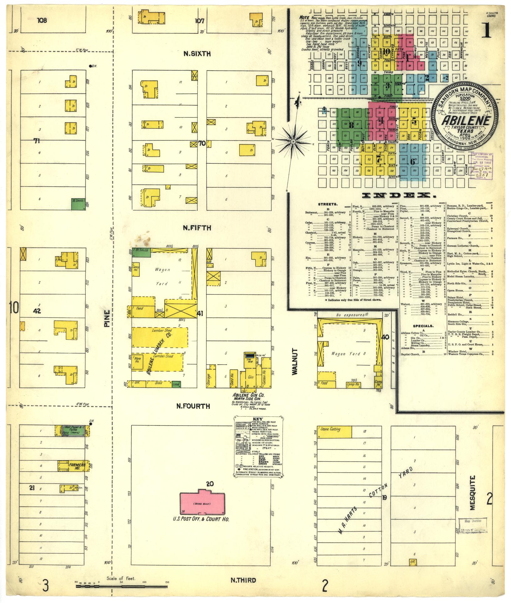 Sanborn Fire Insurance Map from Abilene, Taylor County, Texas (1902), Sheet #0001 - Historic Sanborn Fire Insurance Map Print, vintage old map wall art, antique decor, genealogy gift, Texas Texas map