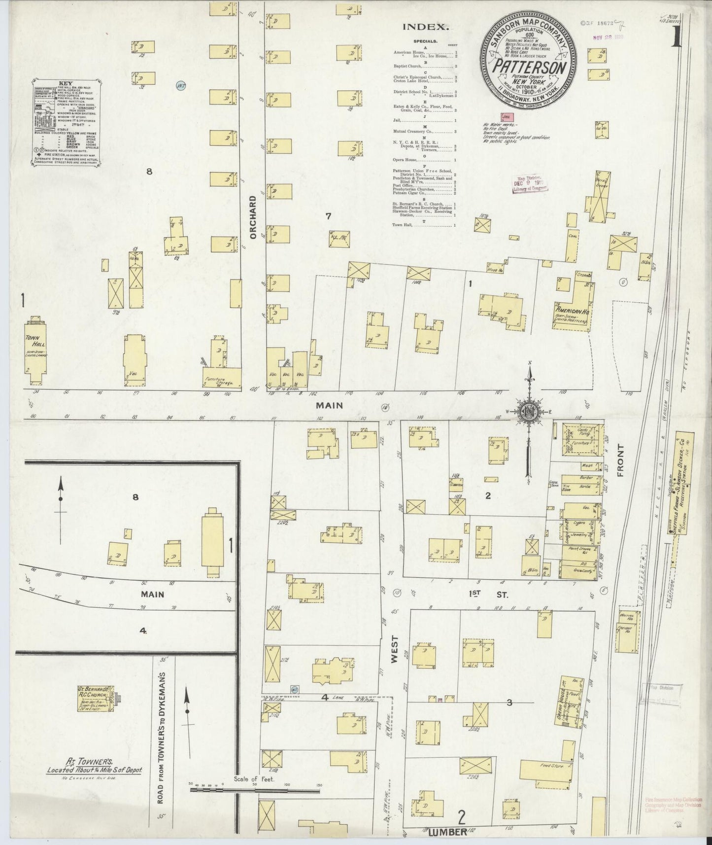Sanborn Fire Insurance Map from Patterson, Putnam County, New York (1910), Sheet #0001 - Complete Map Set gallery image, historic Sanborn map, vintage wall art, New York New York