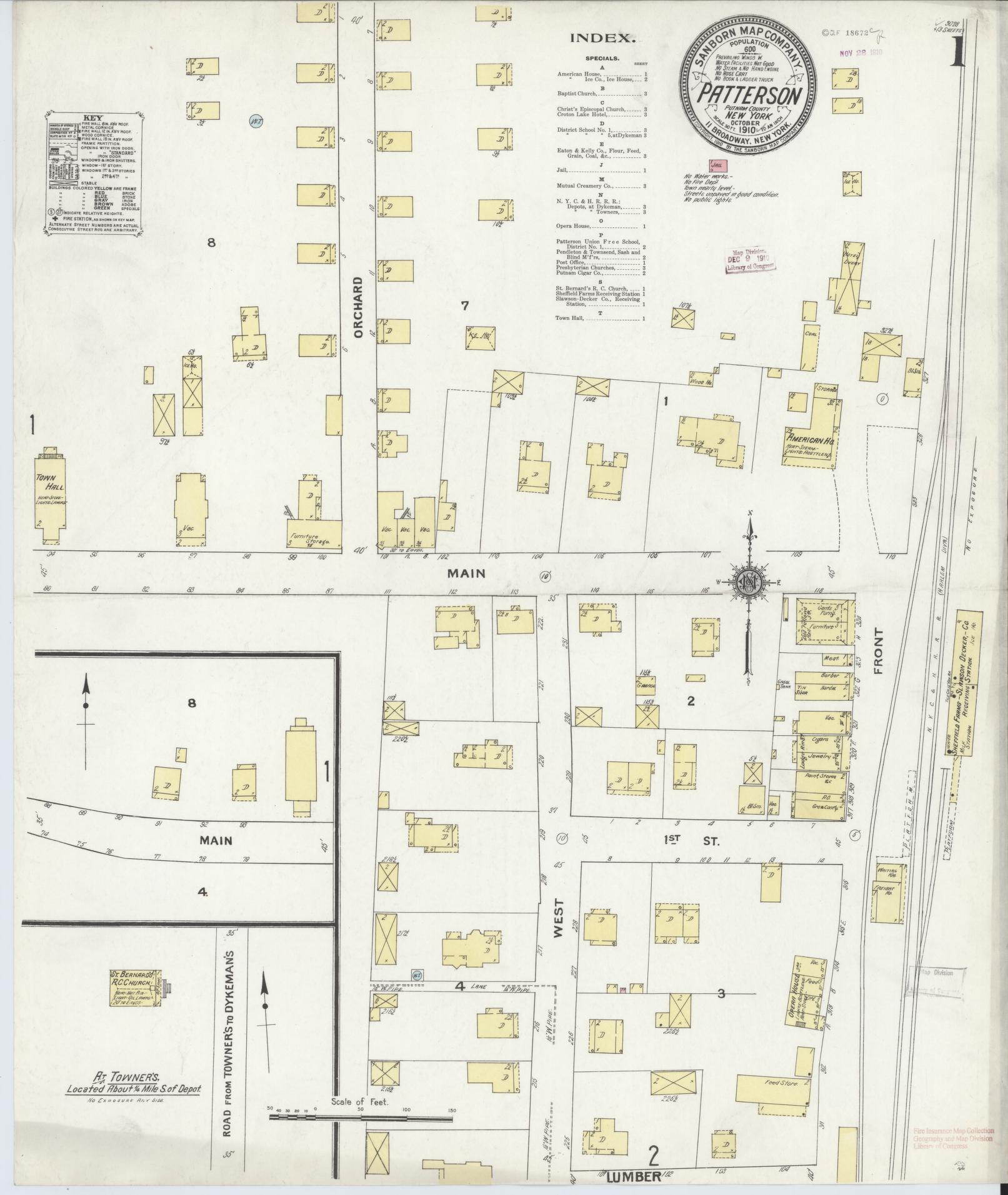 Sanborn Fire Insurance Map from Patterson, Putnam County, New York (1910), Sheet #0001 - Complete Map Set gallery image, historic Sanborn map, vintage wall art, New York New York
