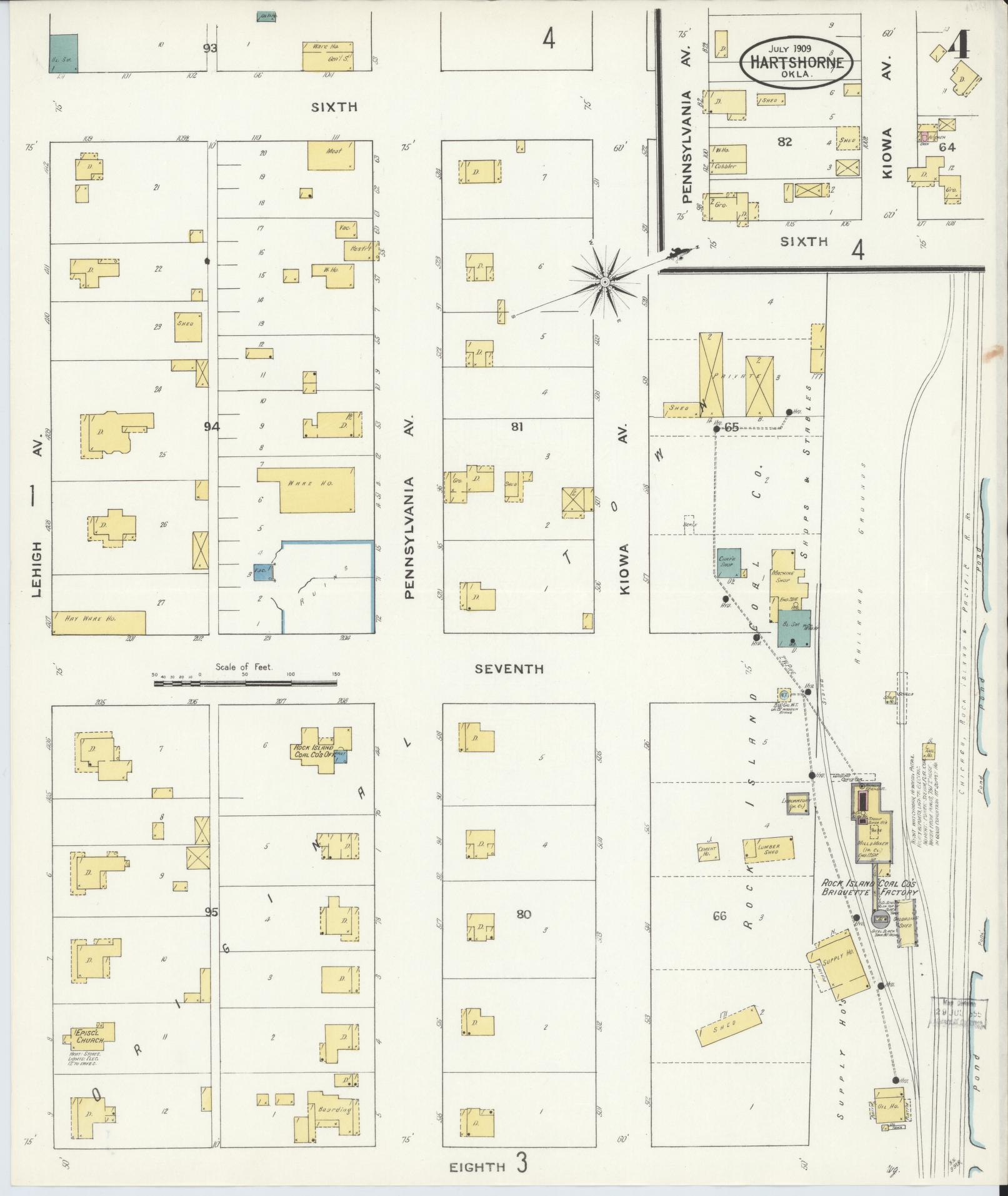 Sanborn Fire Insurance Map from Hartshorne, Pittsburg County, Oklahoma (1909), Sheet #0004 - Complete Map Set gallery image, historic Sanborn map, vintage wall art, Oklahoma Oklahoma