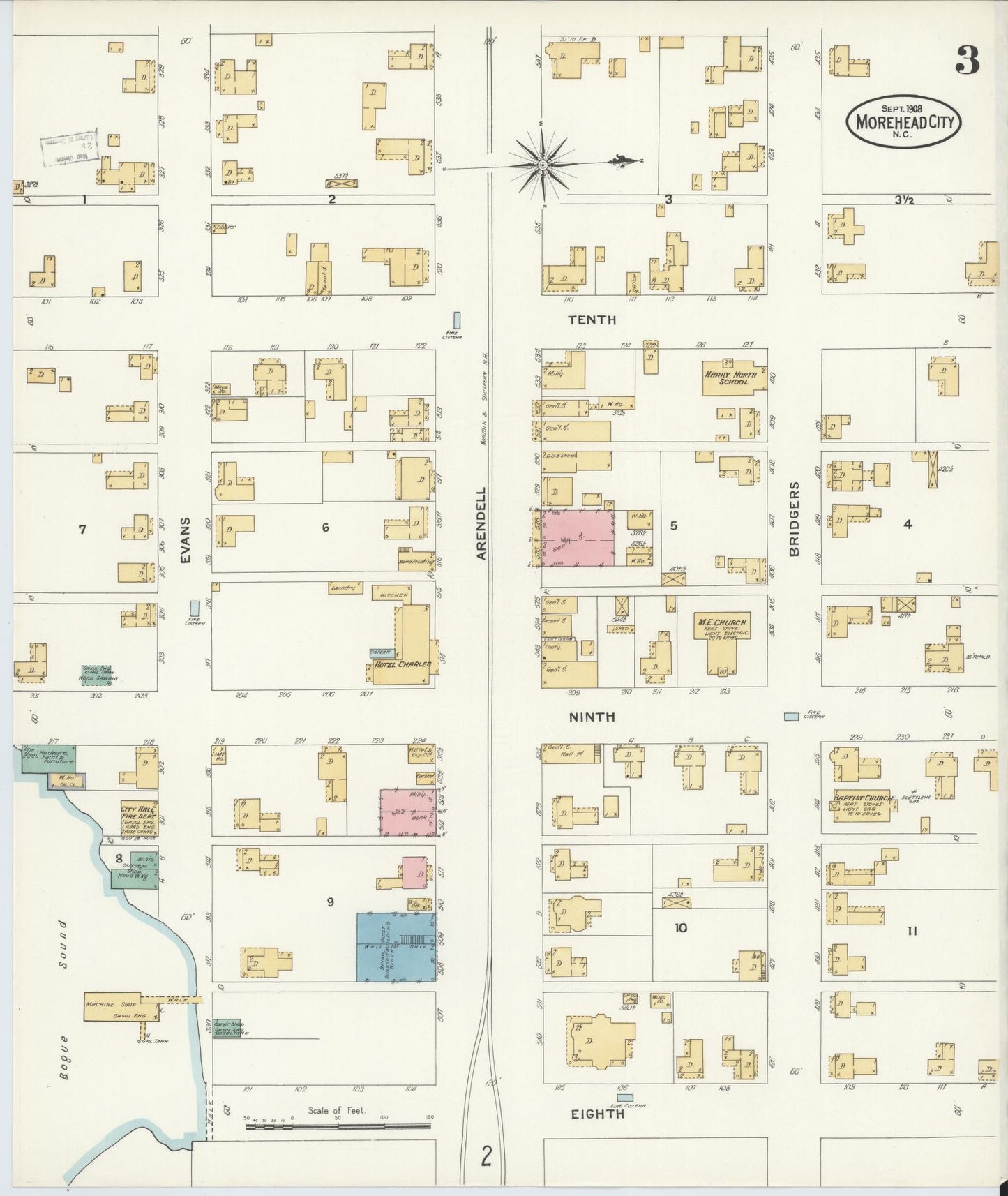 Sanborn Fire Insurance Map from Morehead City, Carteret County, North Carolina (1908), Sheet #0003 - Complete Map Set gallery image, historic Sanborn map, vintage wall art, North Carolina North Carolina