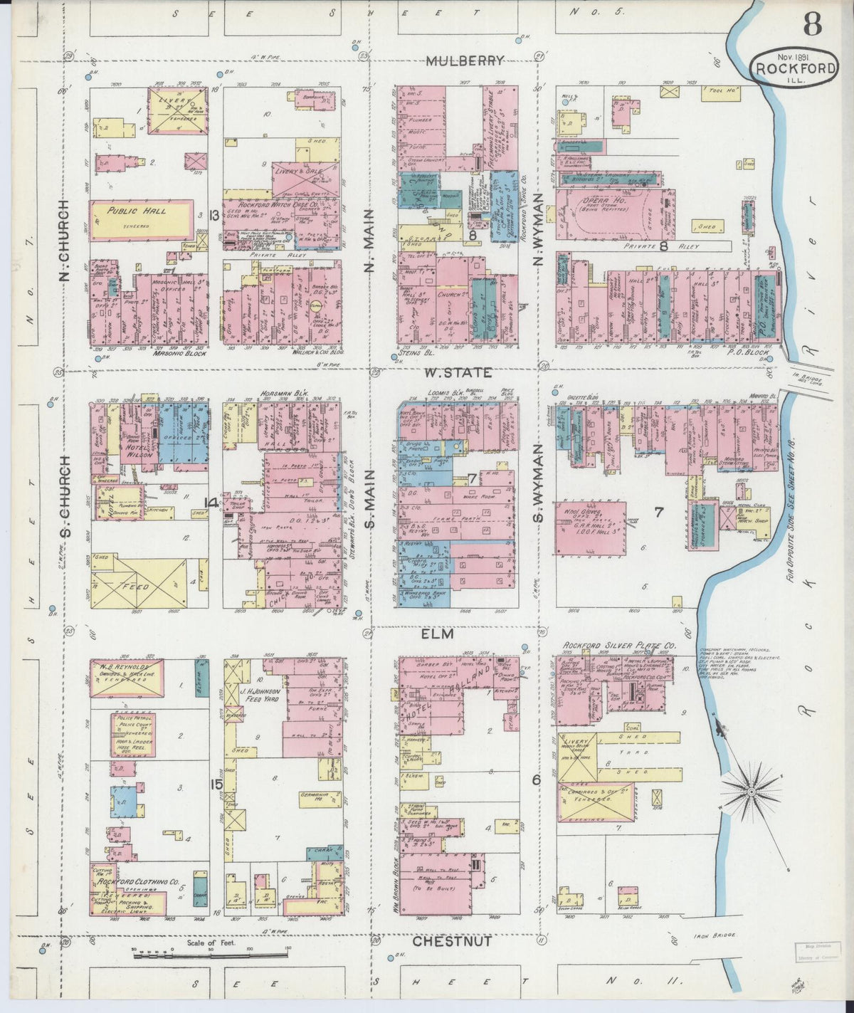 Sanborn Fire Insurance Map from Rockford, Winnebago County, Illinois (1891), Sheet #0008 - Historic Sanborn Fire Insurance Map Print, vintage old map wall art, antique decor, genealogy gift, Illinois Illinois map