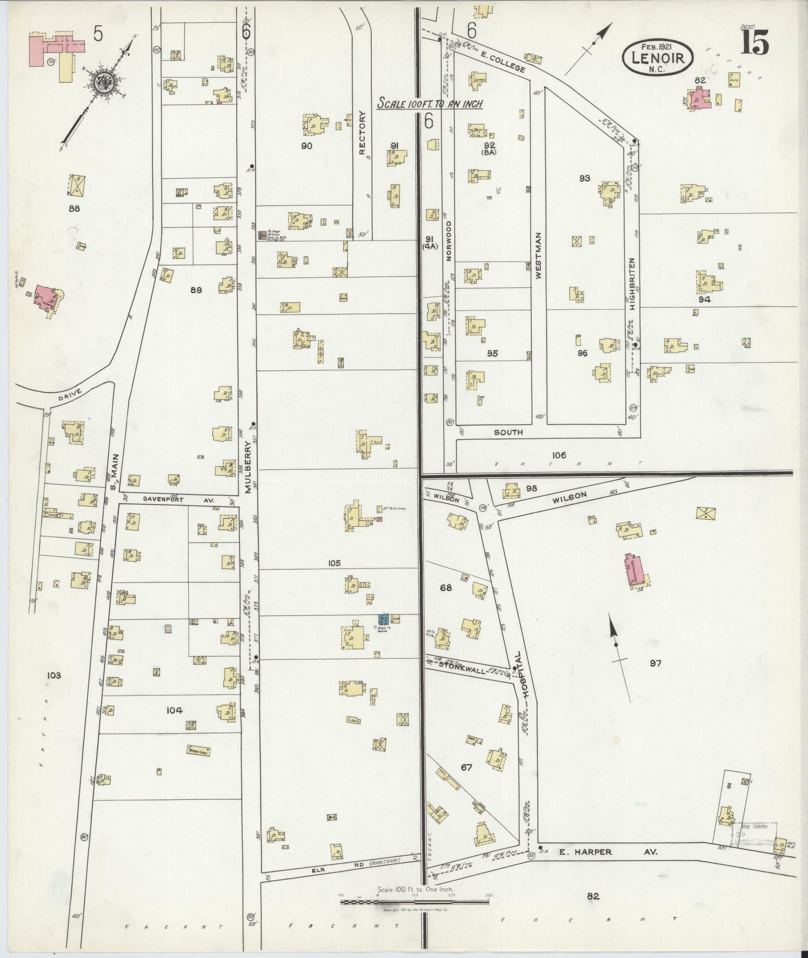 Sanborn Fire Insurance Map from Lenoir, Caldwell County, North Carolina (1921), Sheet #0015 - Historic Sanborn Fire Insurance Map Print, vintage old map wall art, antique decor, genealogy gift, North Carolina North Carolina map